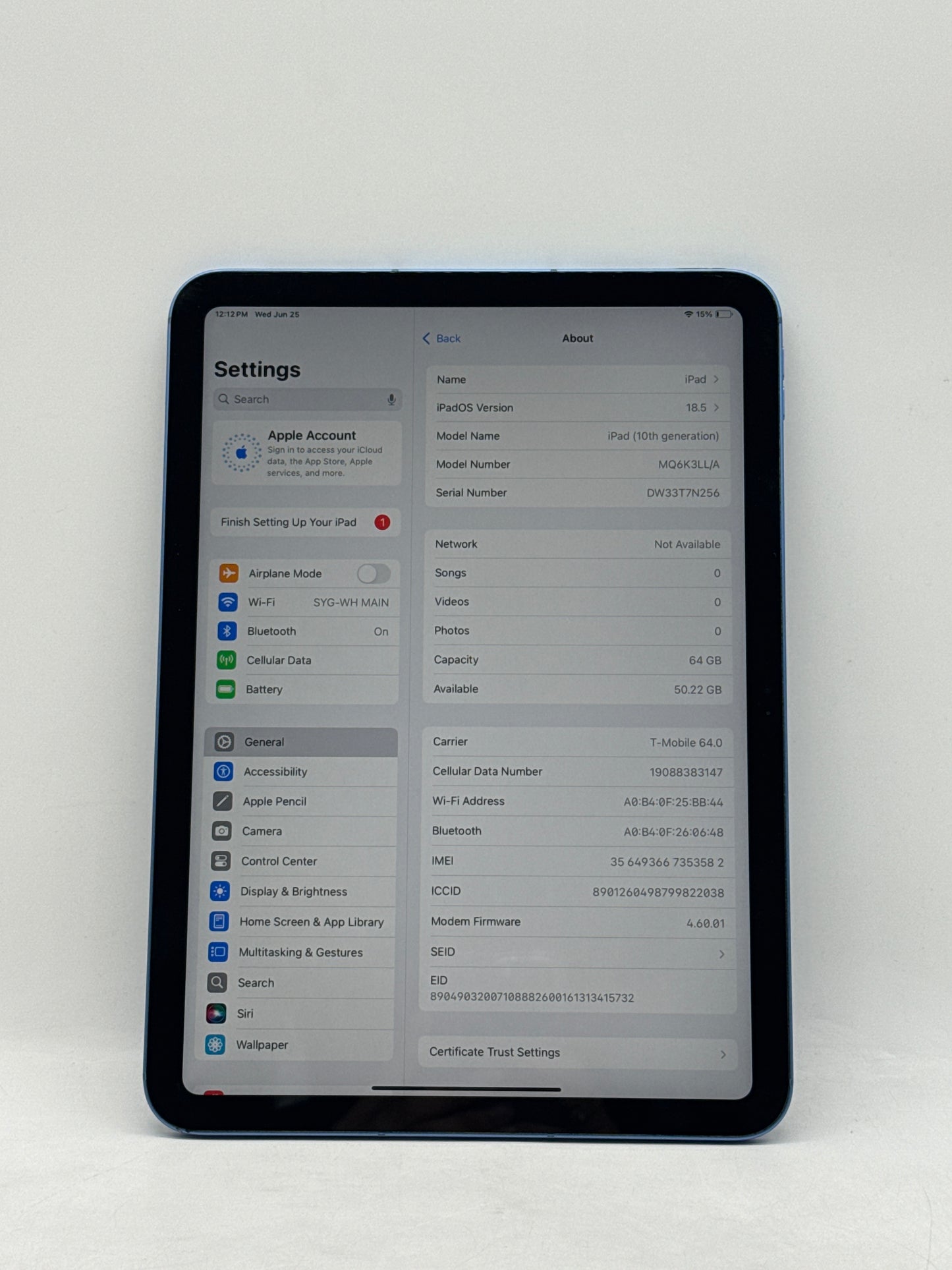 Unlocked Apple iPad 10th Gen 10.9" A2757 64GB Wi-Fi + Cellular Blue
