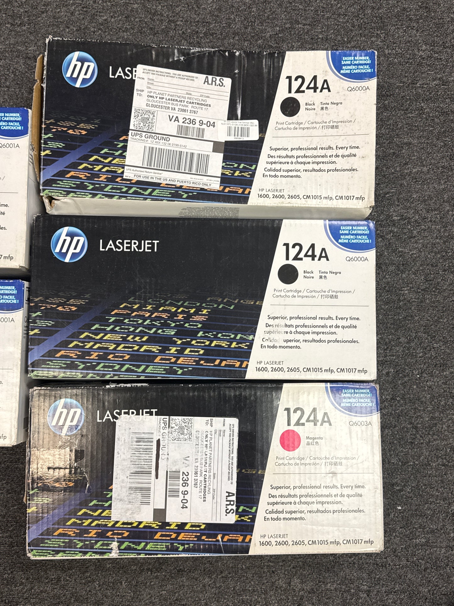 Lot of 5 New HP 124A LaserJet Toner Cartridge 2 Blue, 2 Black and 1 Pink