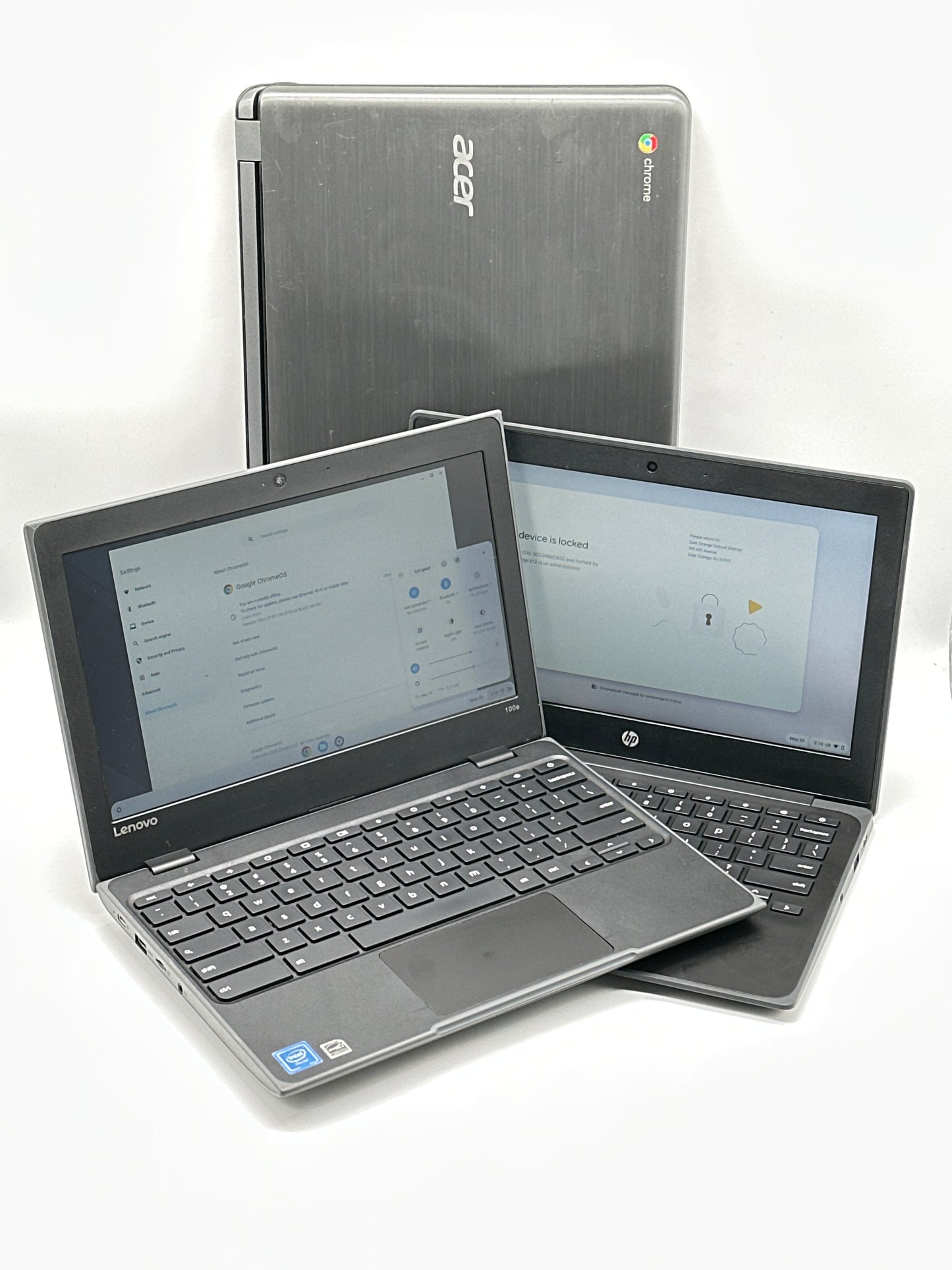 Lot of 3 Chromebooks – Lenovo 100e, HP 11M G9 EE, Acer 15 N15Q9 – Untested / For Parts