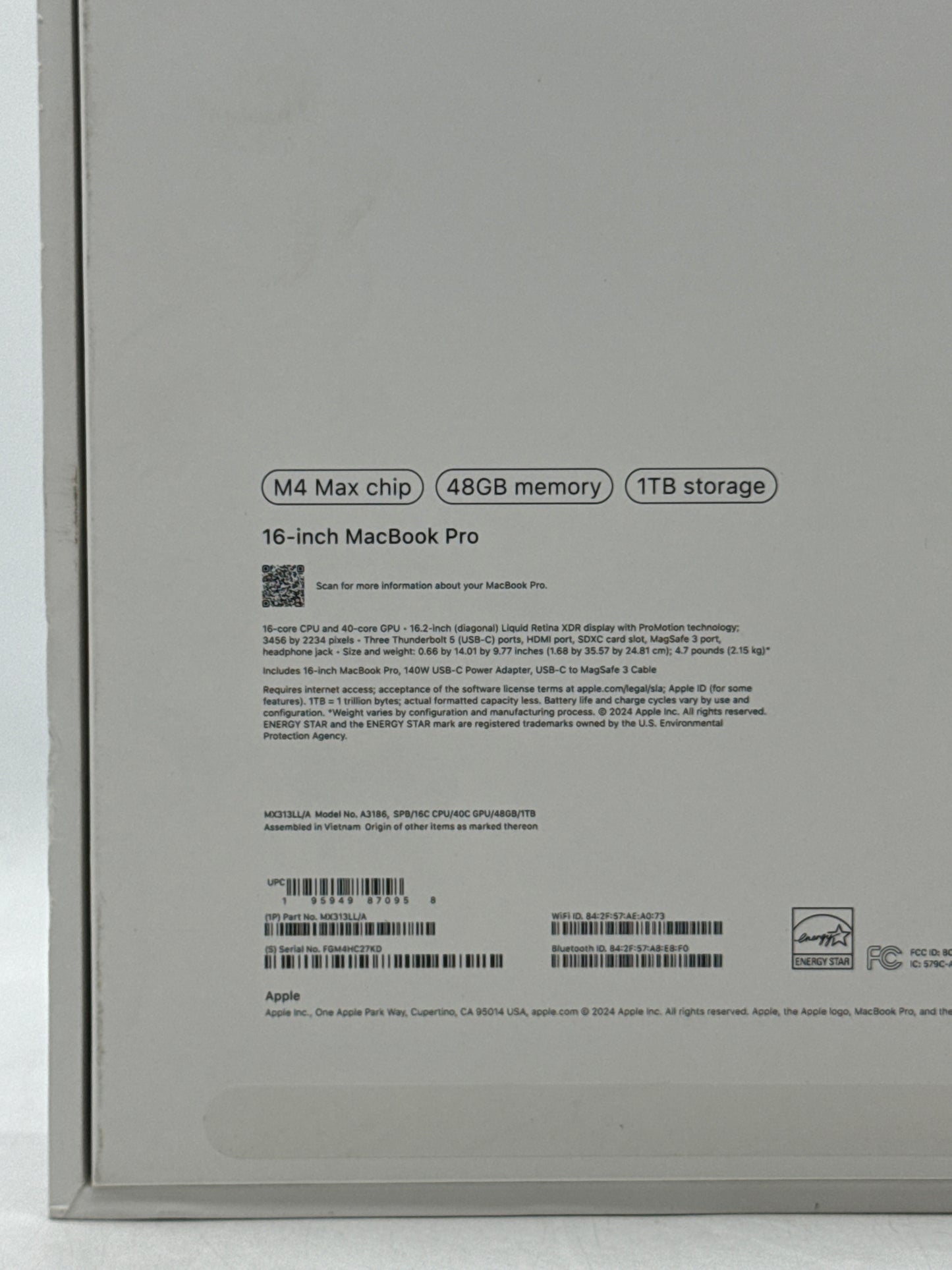 2024 Apple MacBook Pro 16.2" A3186 M4 Max 16C-CPU 40C-GPU 1TB 48GB RAM 3 Cycle