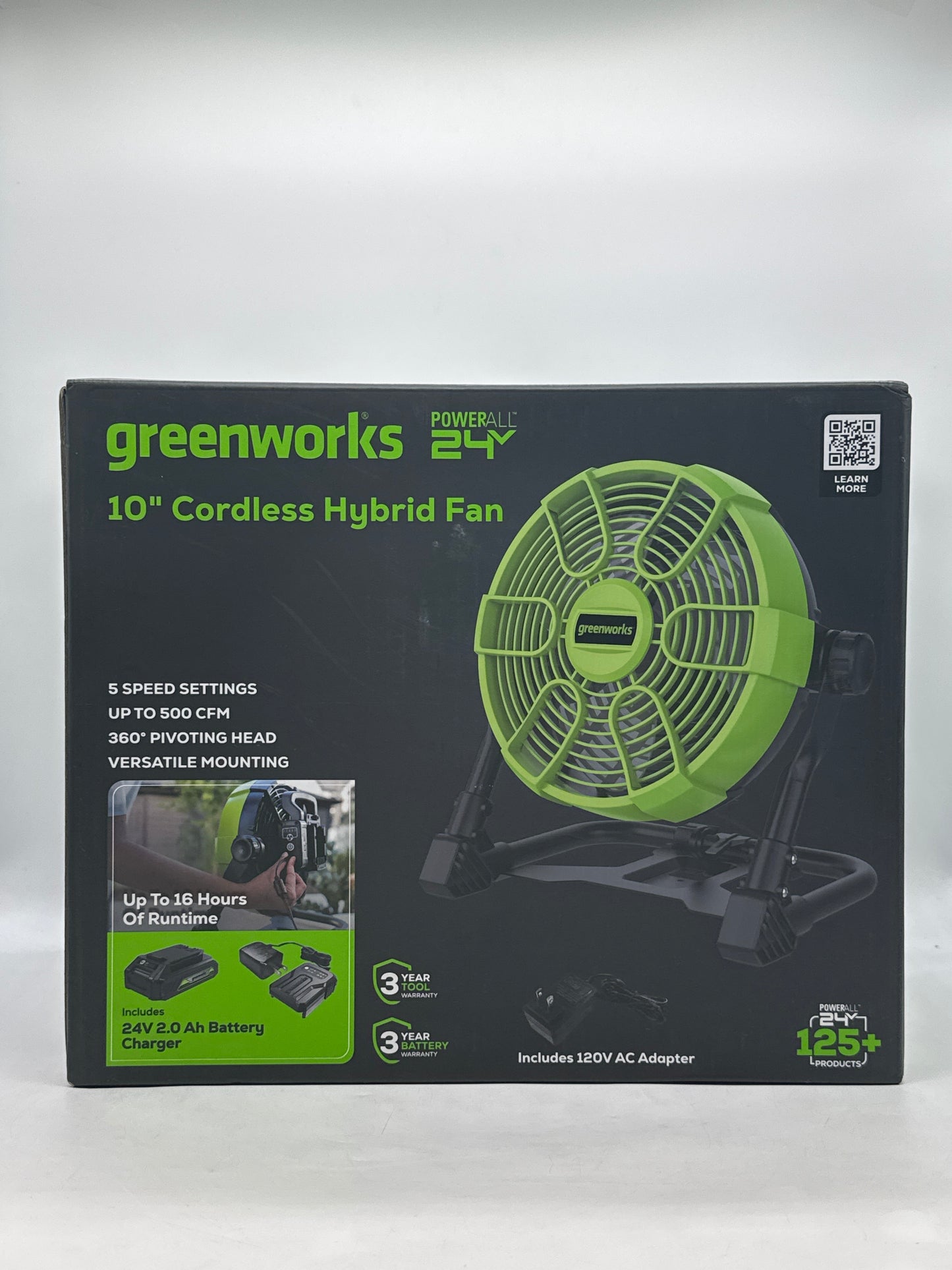 New Greenworks 24V 10 inch Cordless Fan 665-785 CFM with 2Ah USB Battery and Charger