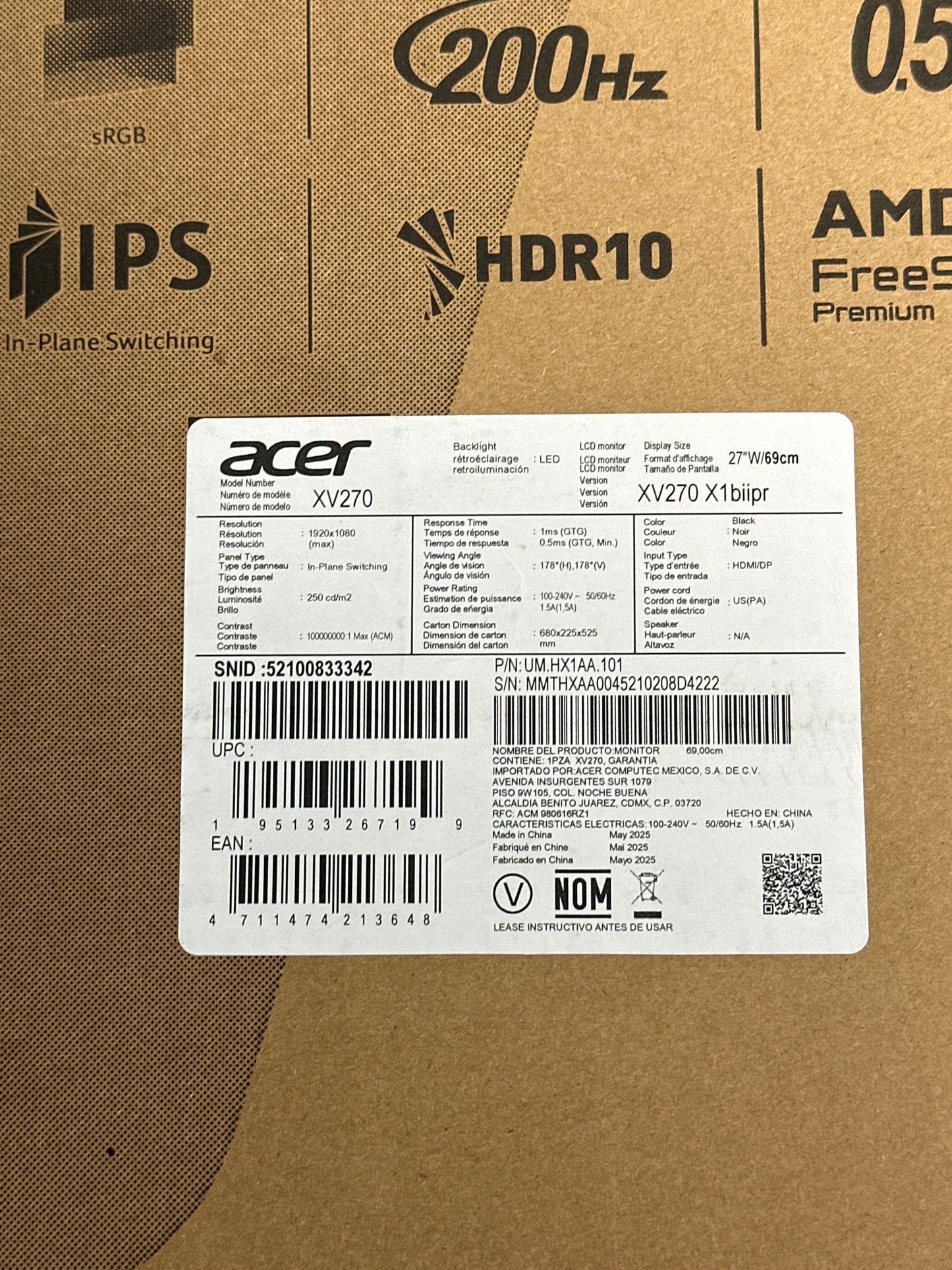 New Acer Nitro 27" FHD 200Hz 0.5ms FreeSync Premium IPS Gaming Monitor Black