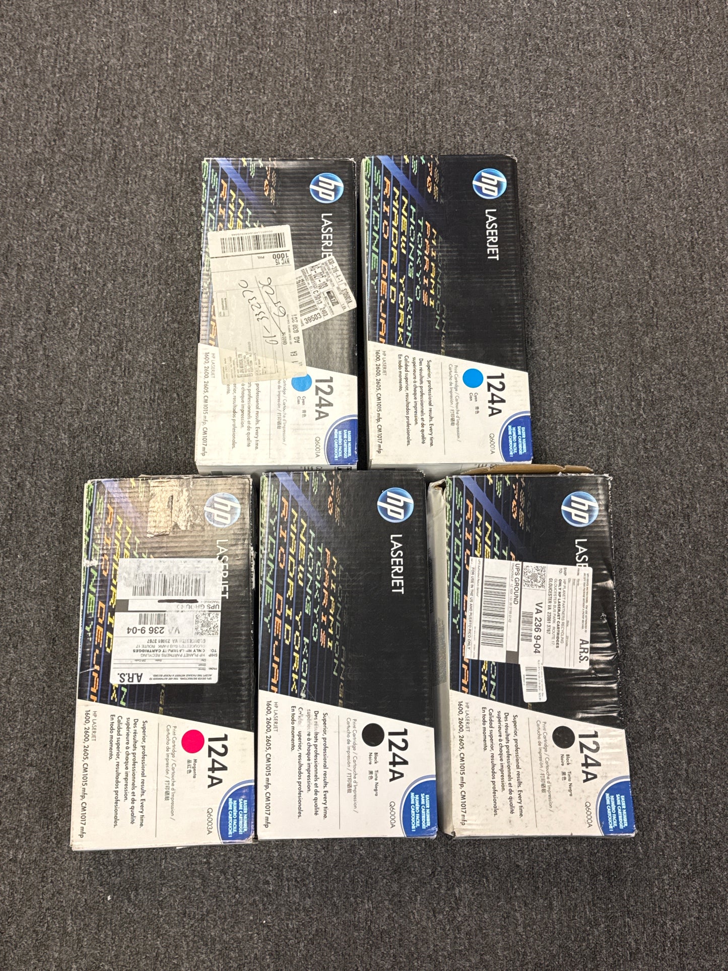 Lot of 5 New HP 124A LaserJet Toner Cartridge 2 Blue, 2 Black and 1 Pink