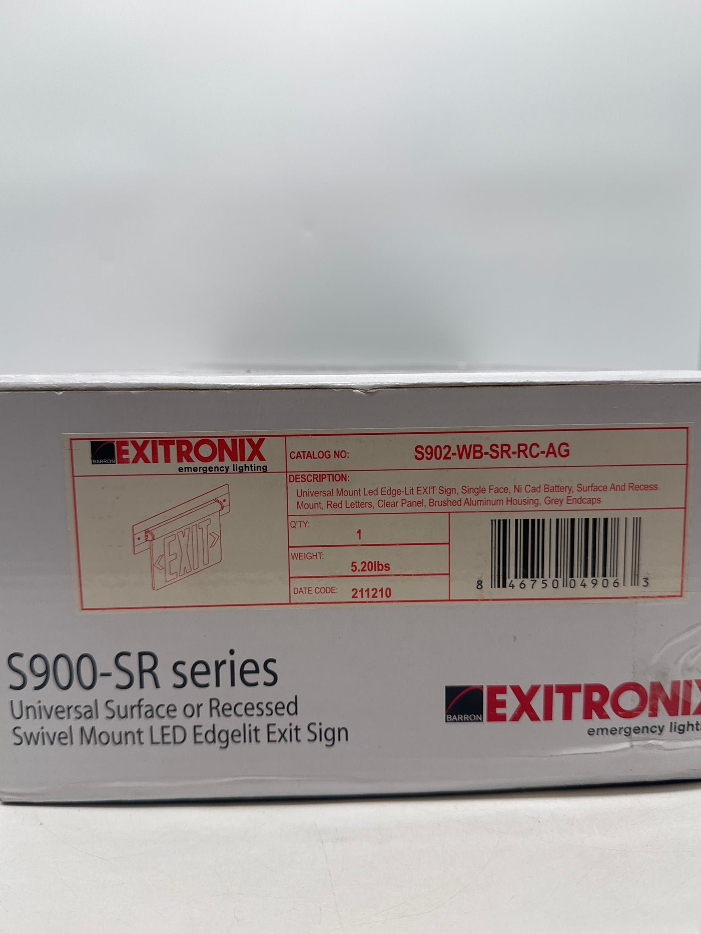 New Exitronix S902-WB-SR-RC-AG LED Exit Sign Universal Edge-Lit Red Letters