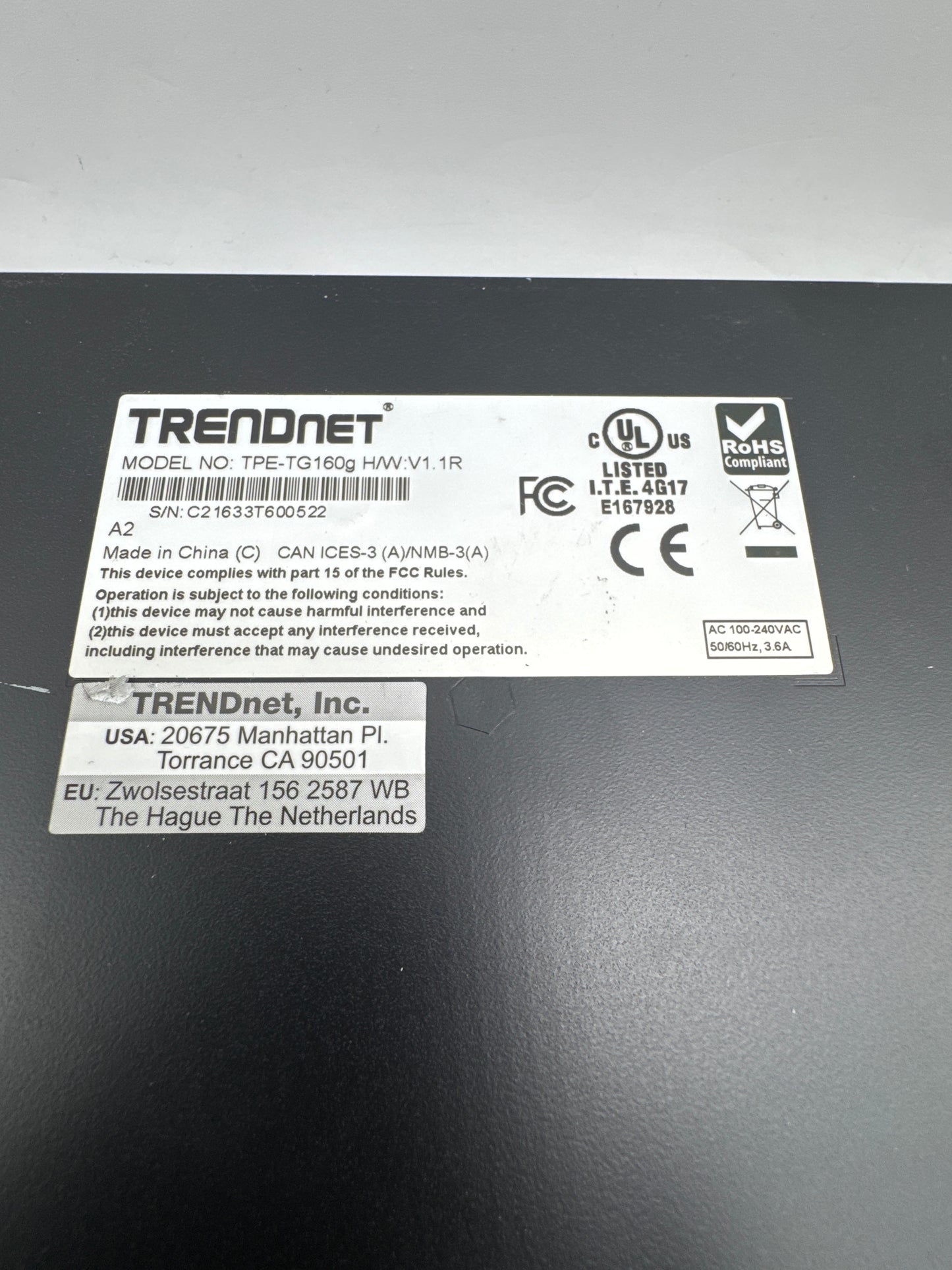 TRENDnet TPE-TG160G 16 Port PoE Rack Mountable Ethernet Switch Only Black