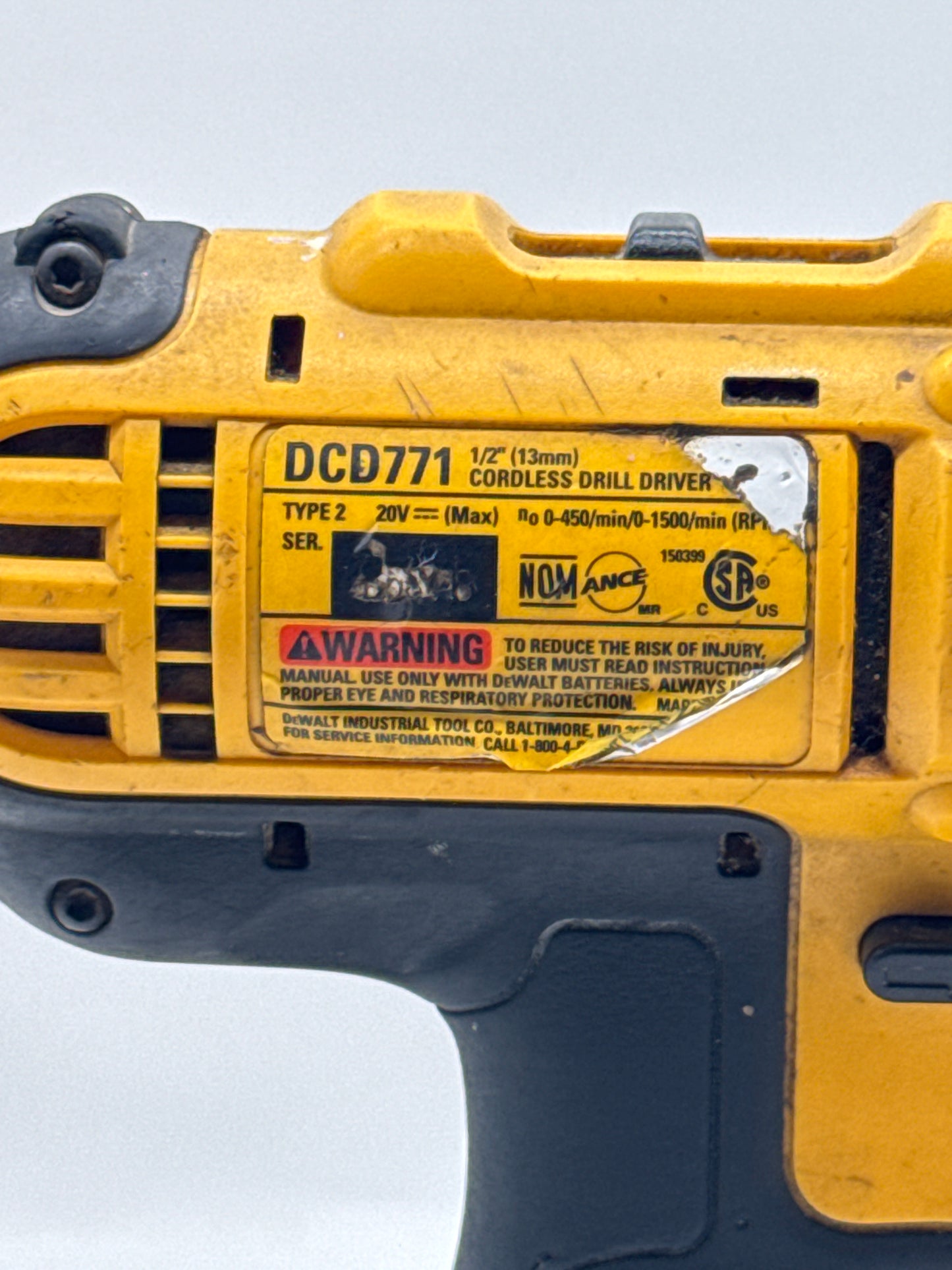 Untested DeWalt DCD771 20V Cordless 1/2" Drill Driver w/Battery