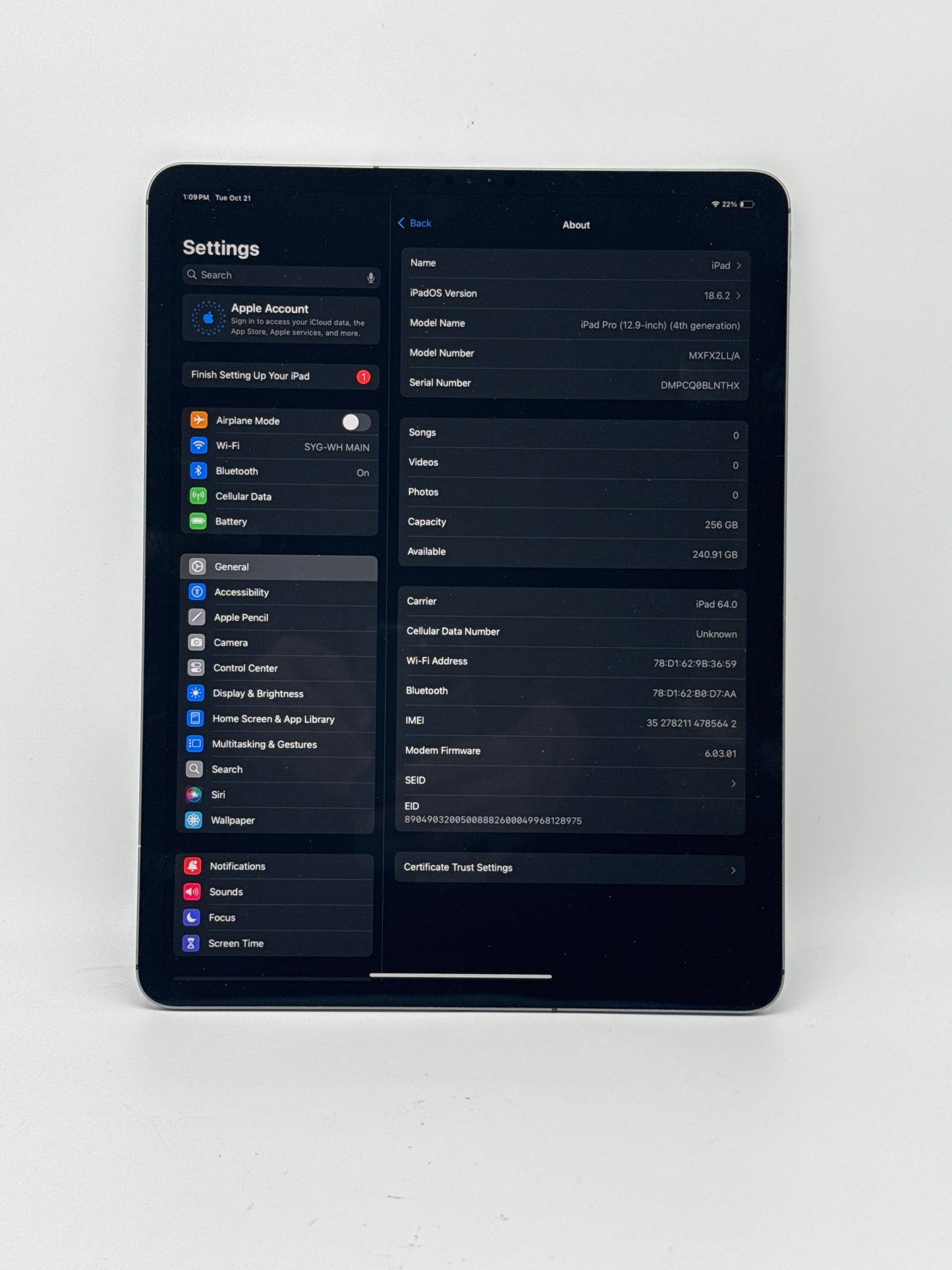 Unlocked Apple iPad Pro 12.9" 4th gen A2069 Cellular 256 GB