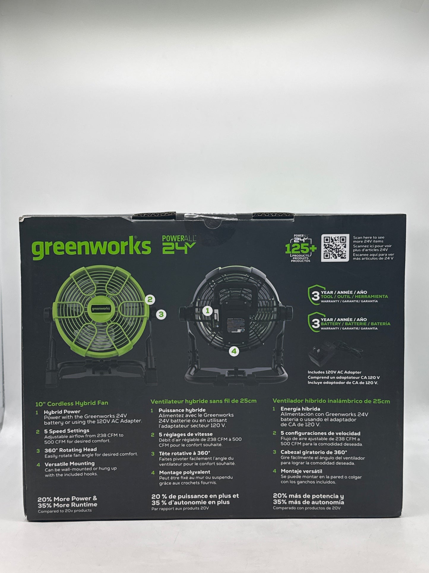 New Greenworks 24V 10 inch Cordless Fan 665-785 CFM with 2Ah USB Battery and Charger