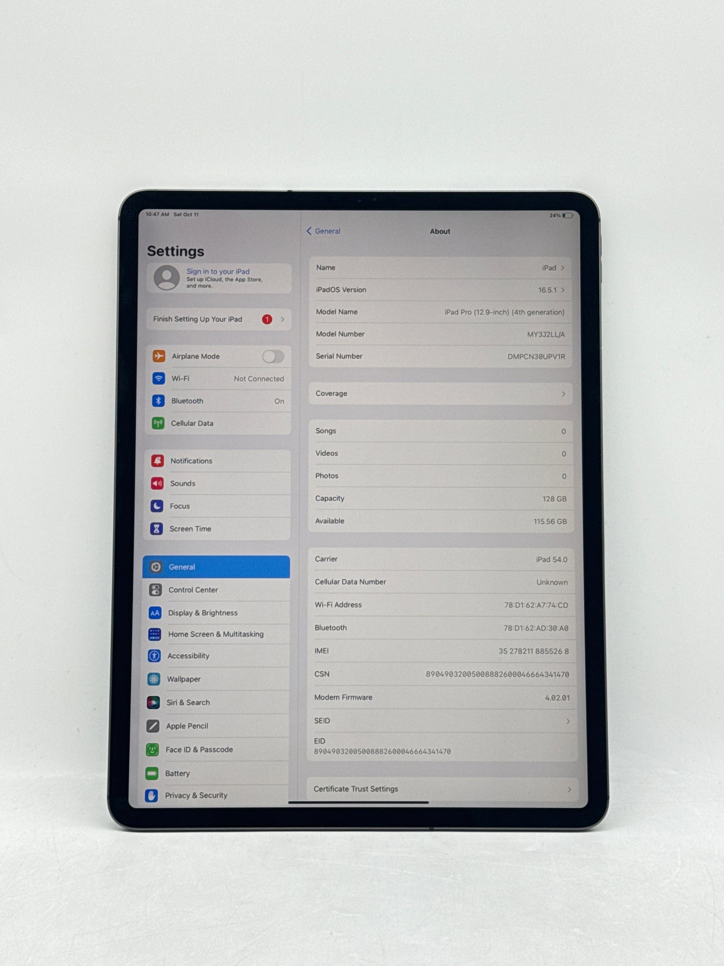 Unlocked Apple iPad Pro 12.9" 4th Gen A2069 128GB Wi-Fi + Cellular Space Gray