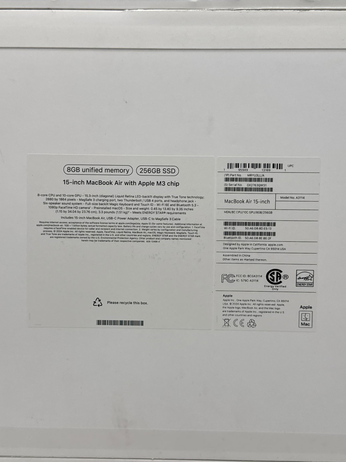 2024 Apple MacBook Air 15.3" A3114 M3 8C-CPU 10C-GPU 8GB RAM 256 SSD Midnight