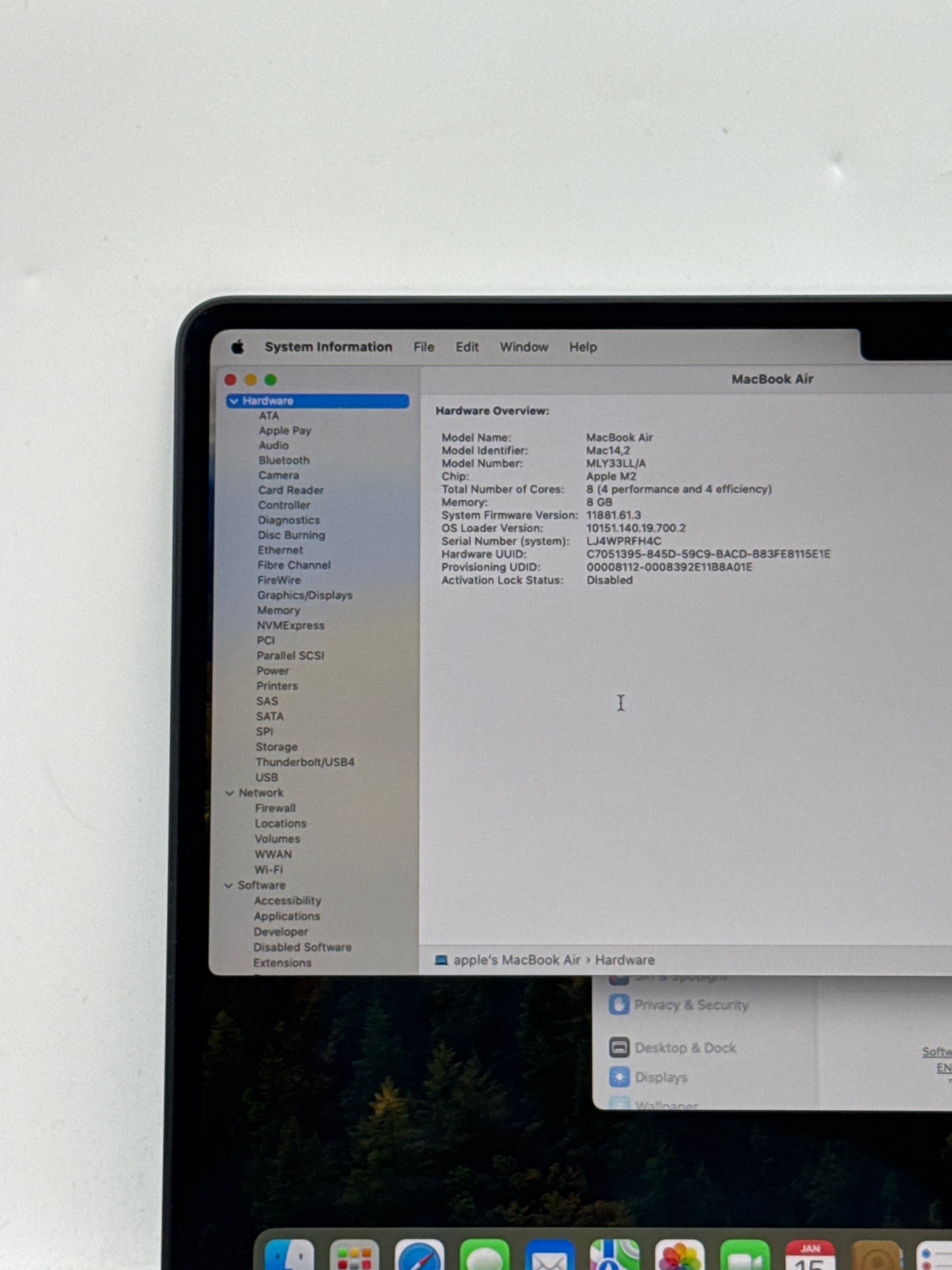 2022 Apple MacBook Air 13.6" A2681 M2 8C-CPU 8C-GPU 8GB RAM 256GB SSD 8 Cycle