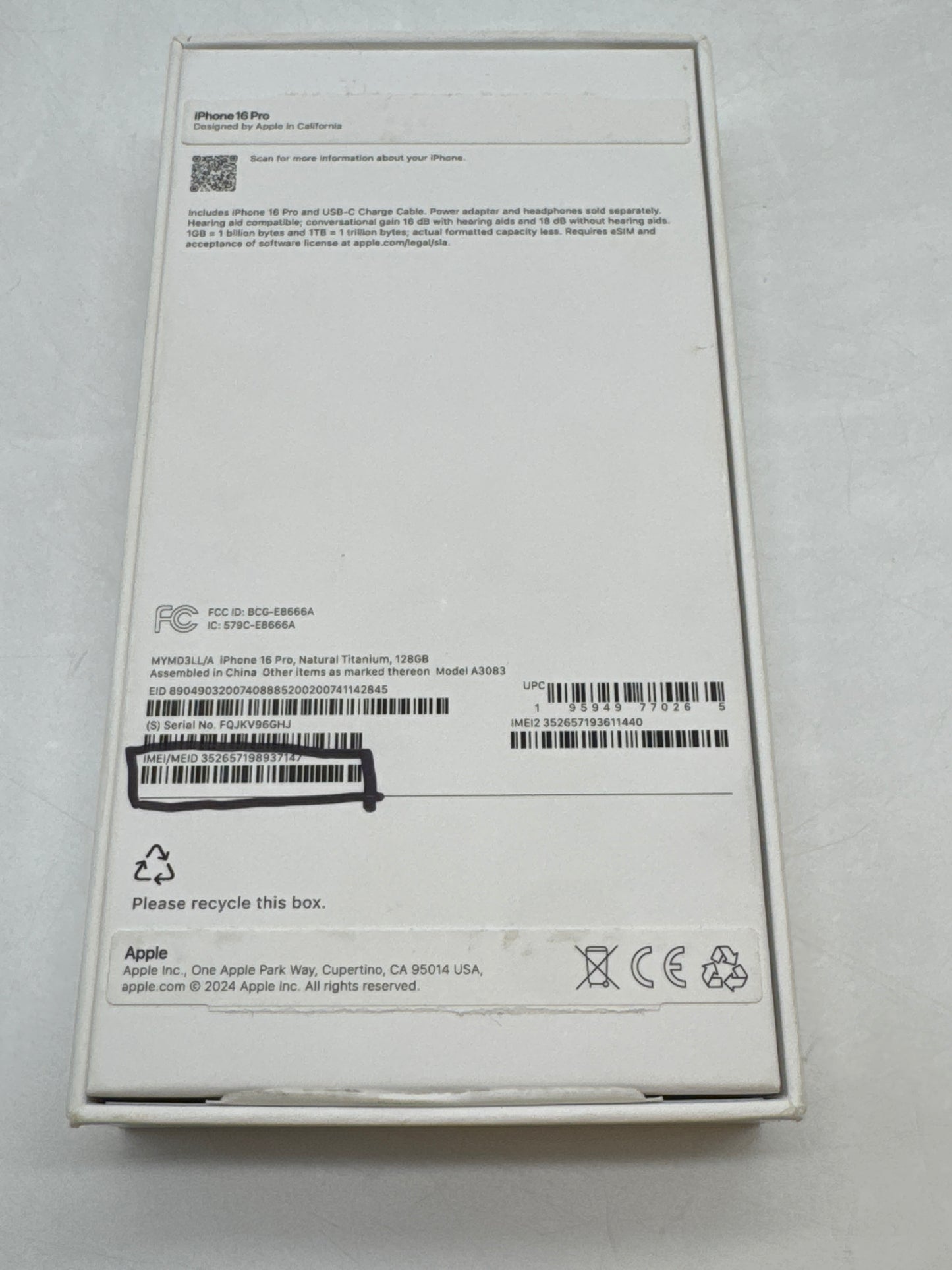 Unlocked Apple iPhone 16 Pro A3083 128GB Natural Titanium 96% Battery Health