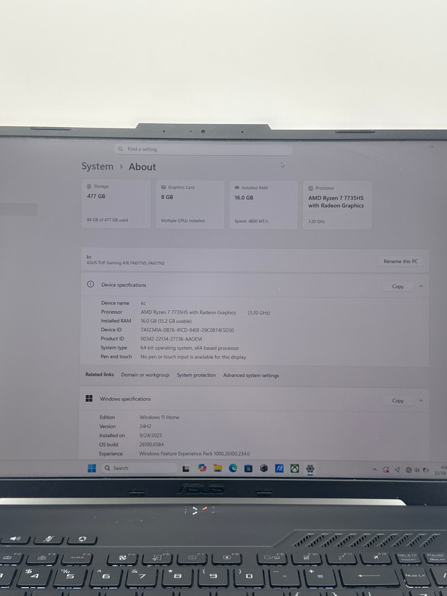 Asus TUF Gaming A16 16" 165Hz Ryzen 7735HS 16GB RAM 512GB SSD RX 7600S - Read!