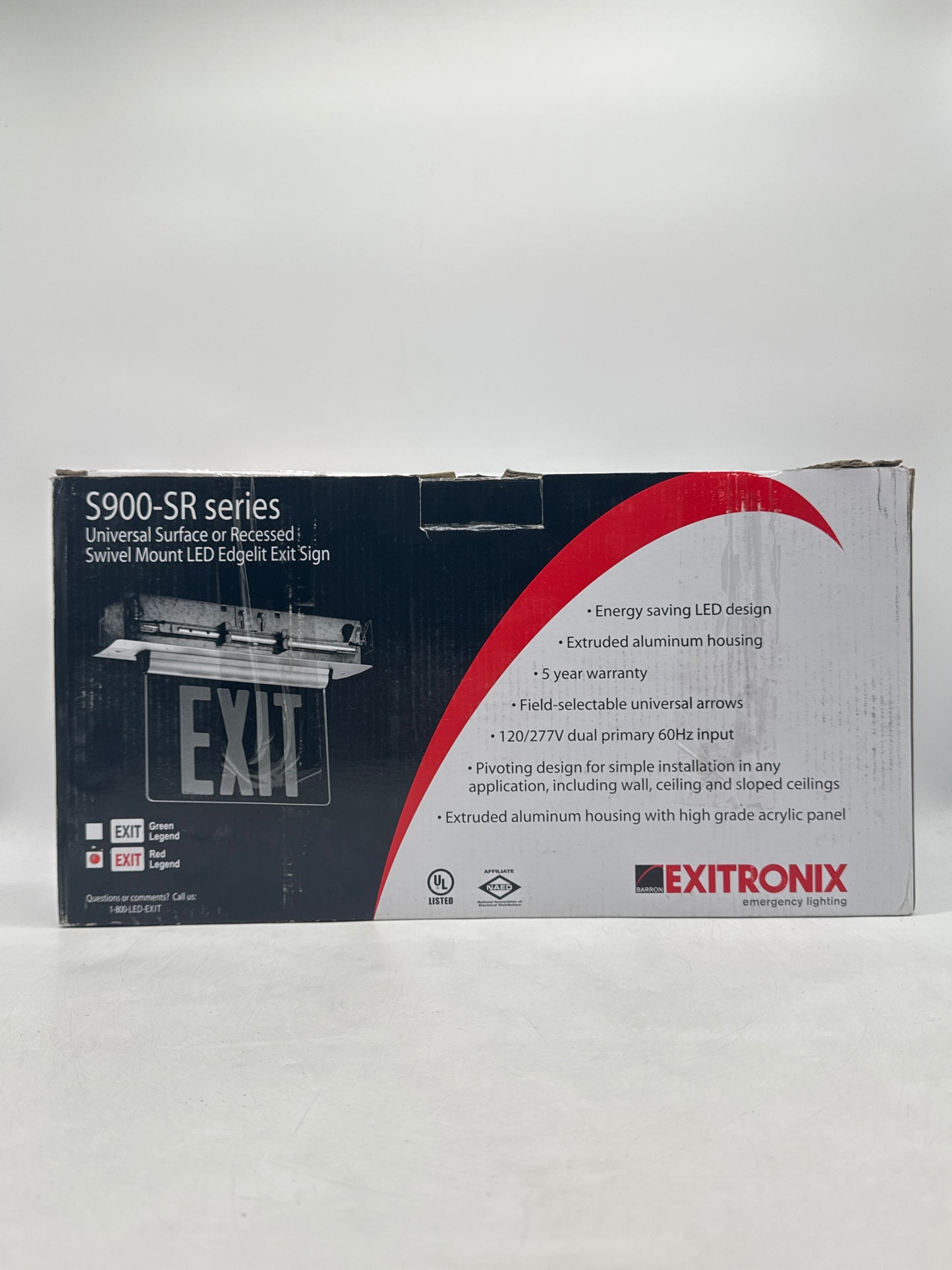 New Exitronix S902-WB-SR-RC-AG LED Exit Sign Universal Edge-Lit Red Letters