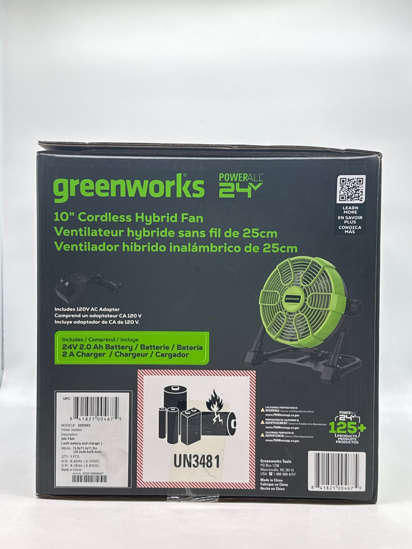 New Greenworks 24V 10 inch Cordless Fan 665-785 CFM with 2Ah USB Battery and Charger