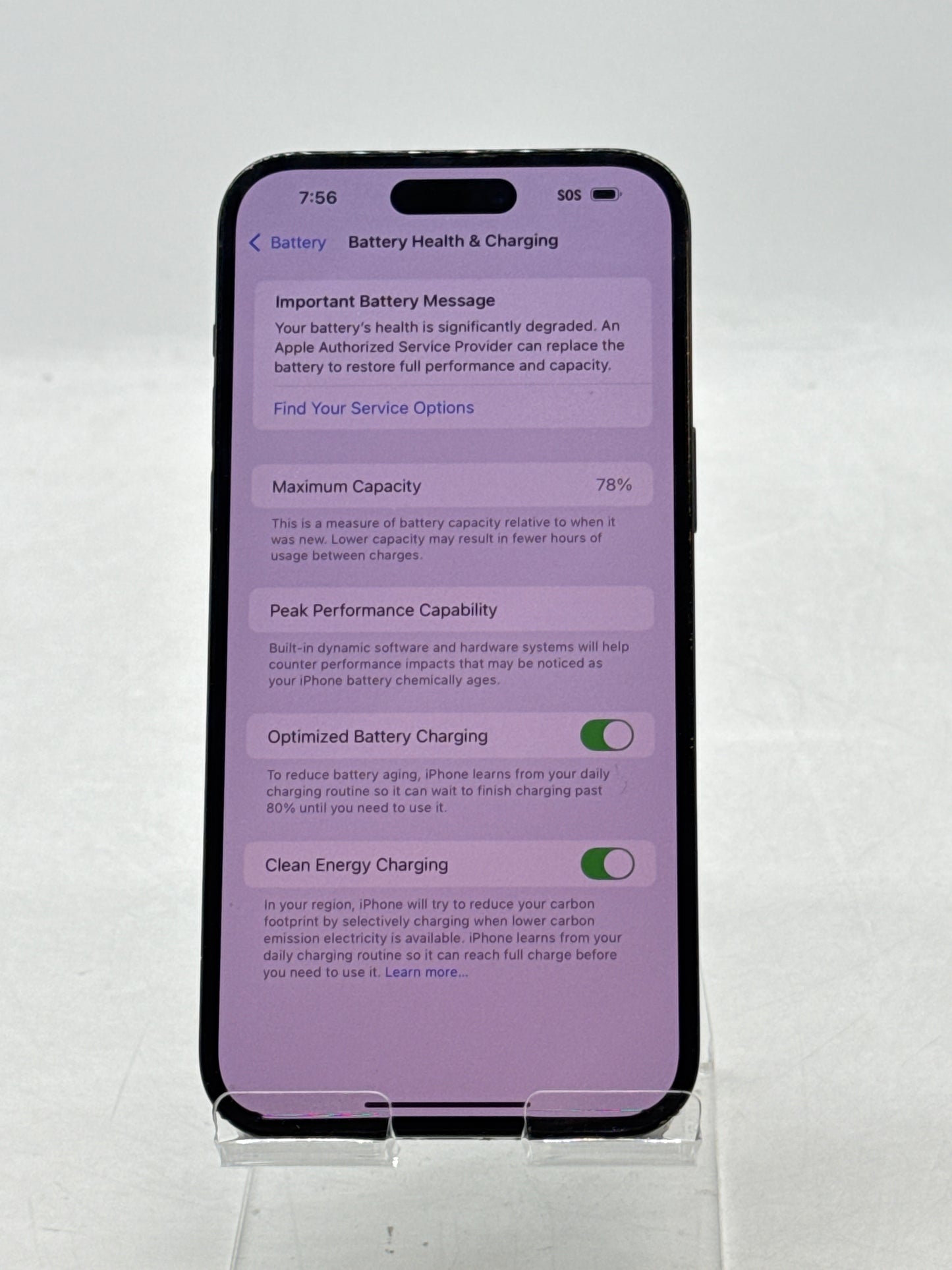 Unlocked Apple iPhone 14 Pro Max A2651 128GB Space Black - 78% Service Battery
