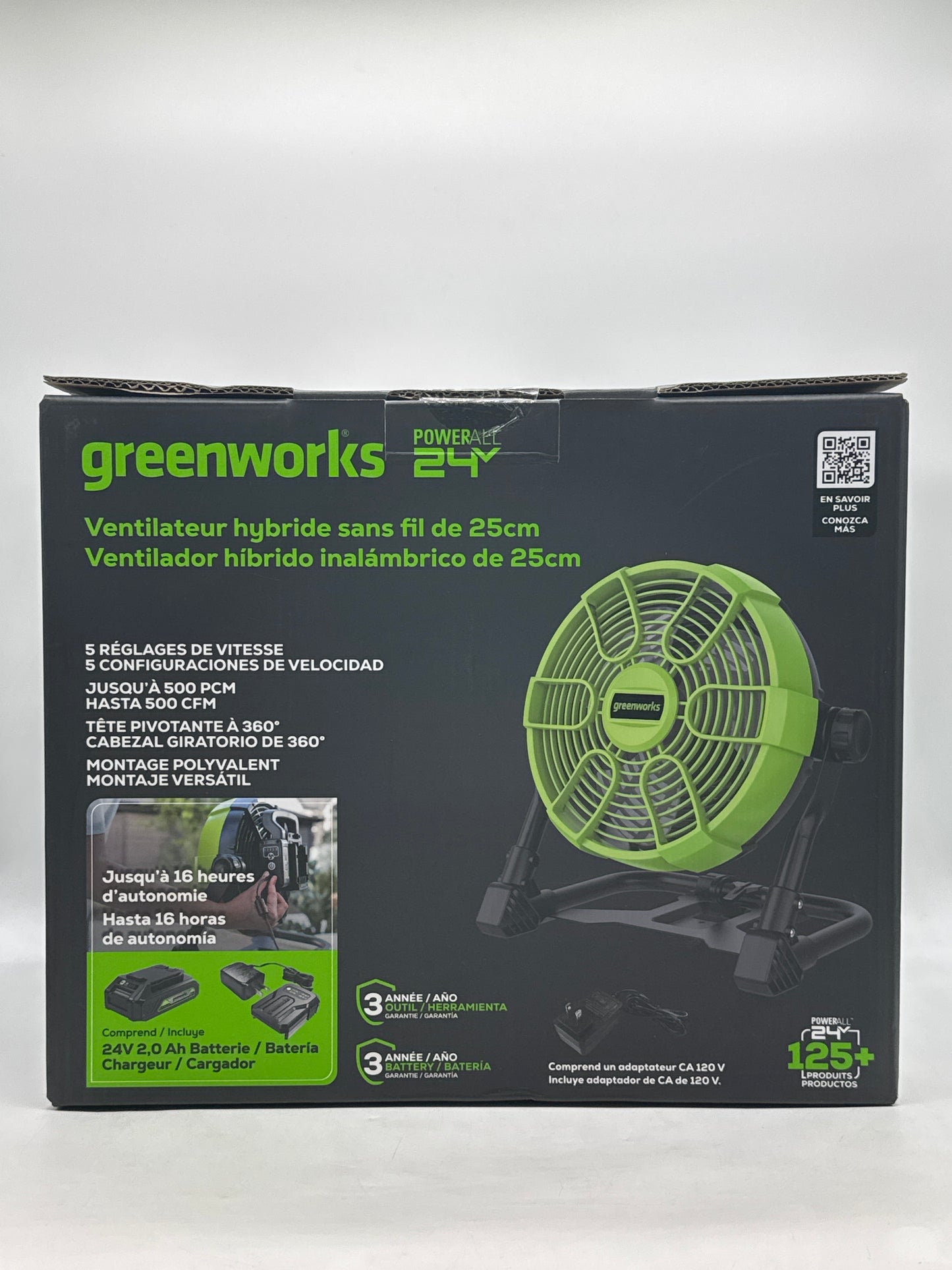 New Greenworks 24V 10 inch Cordless Fan 665-785 CFM with 2Ah USB Battery and Charger