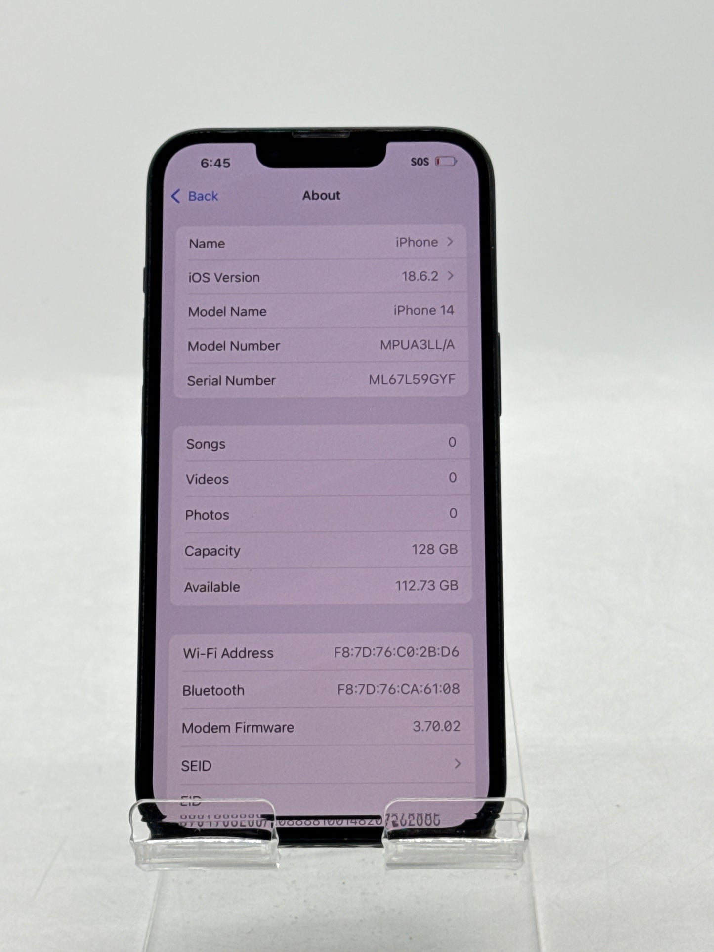 Unlocked Apple iPhone 14 A2649 128GB Midnight 87% Battery Health