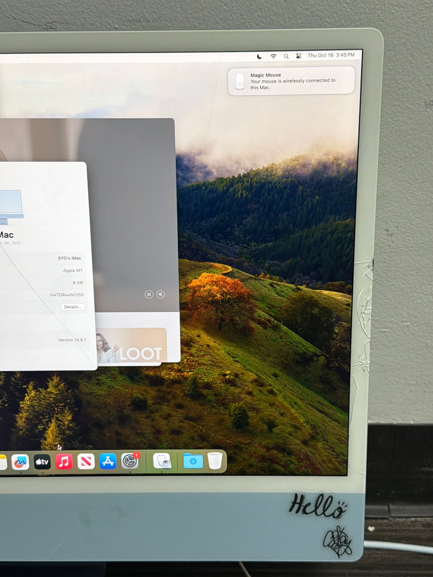 Apple iMac 24 inch M1 2021 8GB RAM 256GB SSD Blue A2439 - Cracked Glass READ!