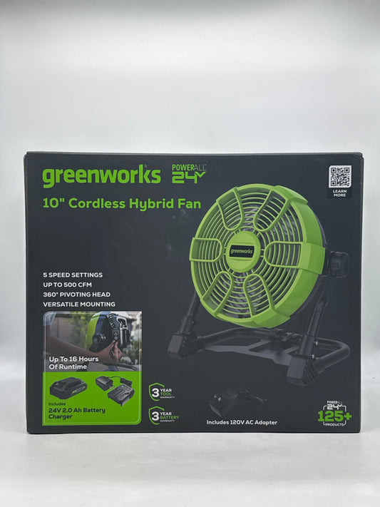 New Greenworks 24V 10 inch Cordless Fan 665-785 CFM with 2Ah USB Battery and Charger