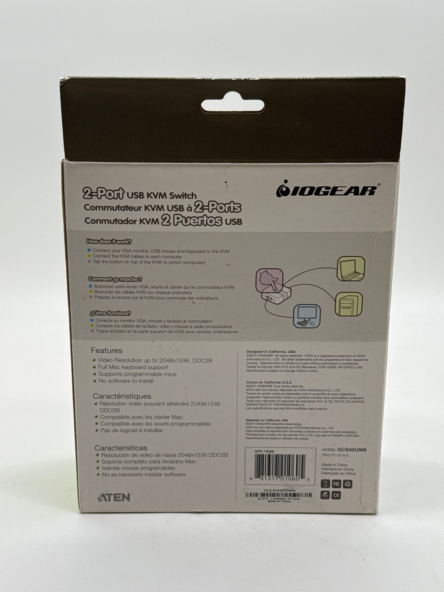 IOGEAR GCS42UW6 2-Port Compact USB VGA KVM Switch w/ Built-In Cables MAC OR PC