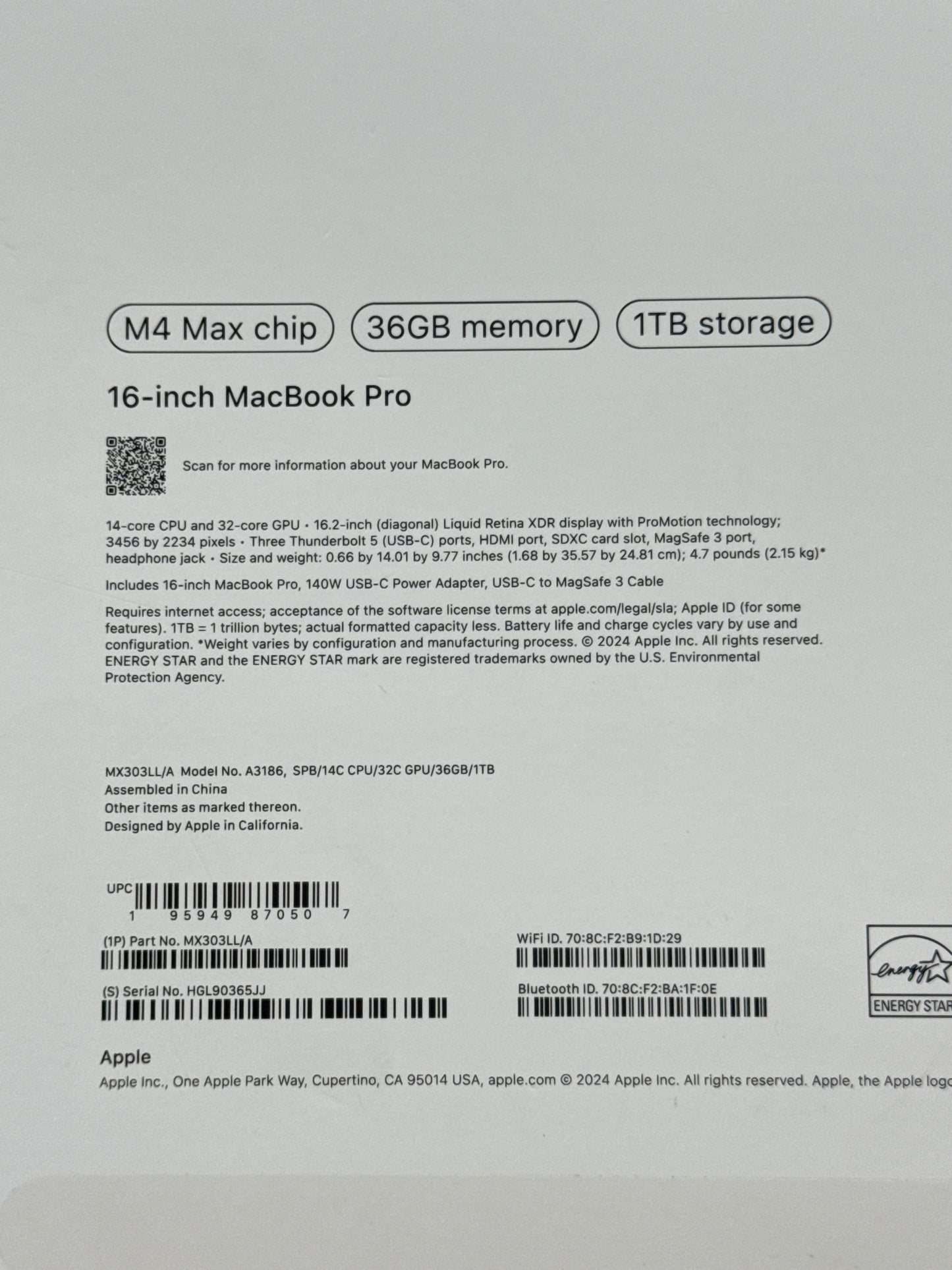 2024 Apple MacBook Pro 16.2" A3186 Apple M4 Max 14C-CPU 32C-GPU 1TB SSD 36GB RAM