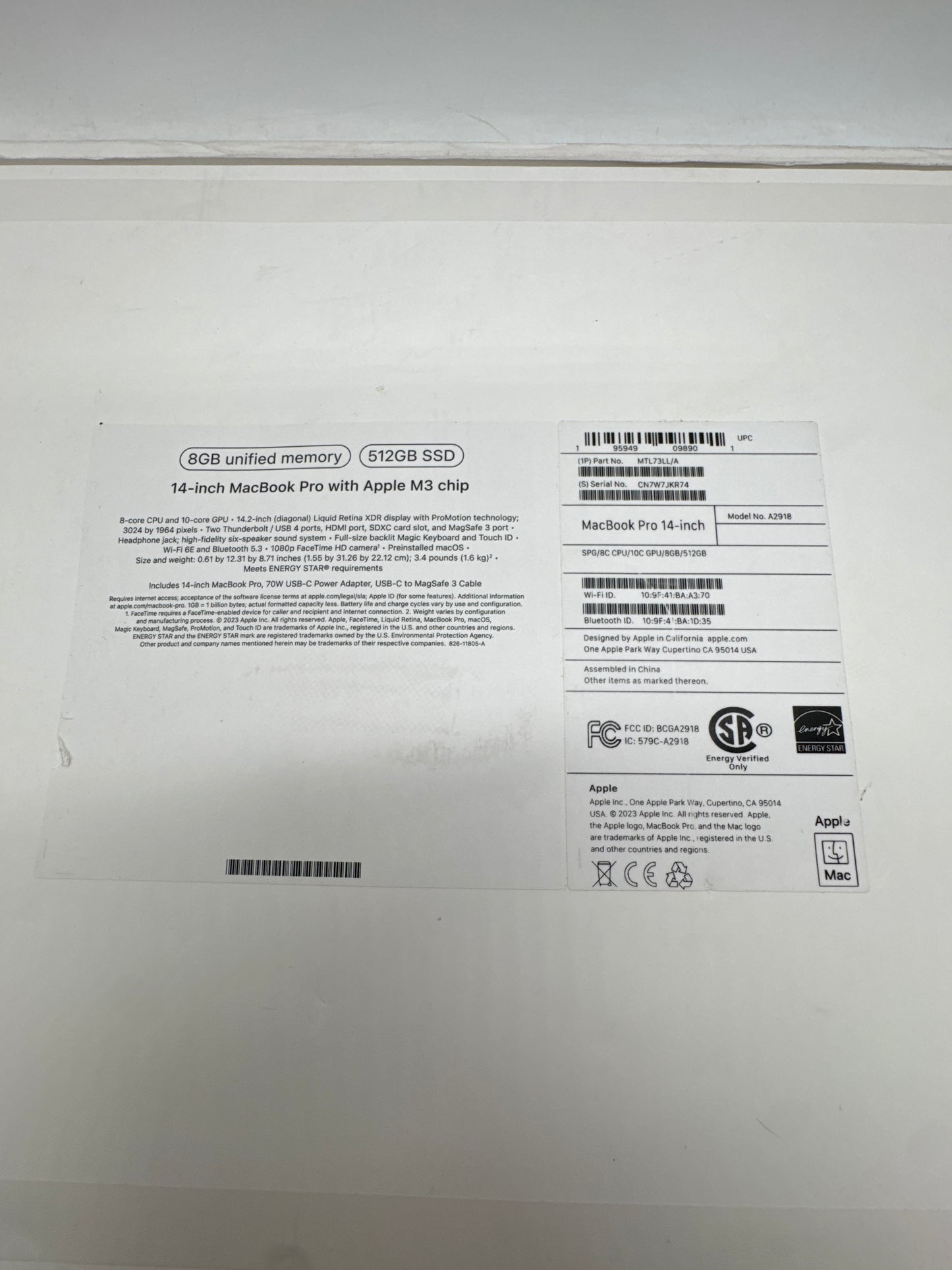 2023 Apple MacBook Pro 14.2" A2918 M3 8C-GPU 10C-CPU 512GB SSD 8GB RAM 3 Cycle