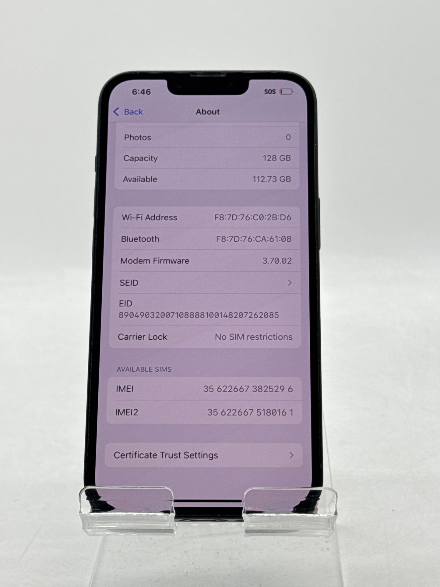 Unlocked Apple iPhone 14 A2649 128GB Midnight 87% Battery Health