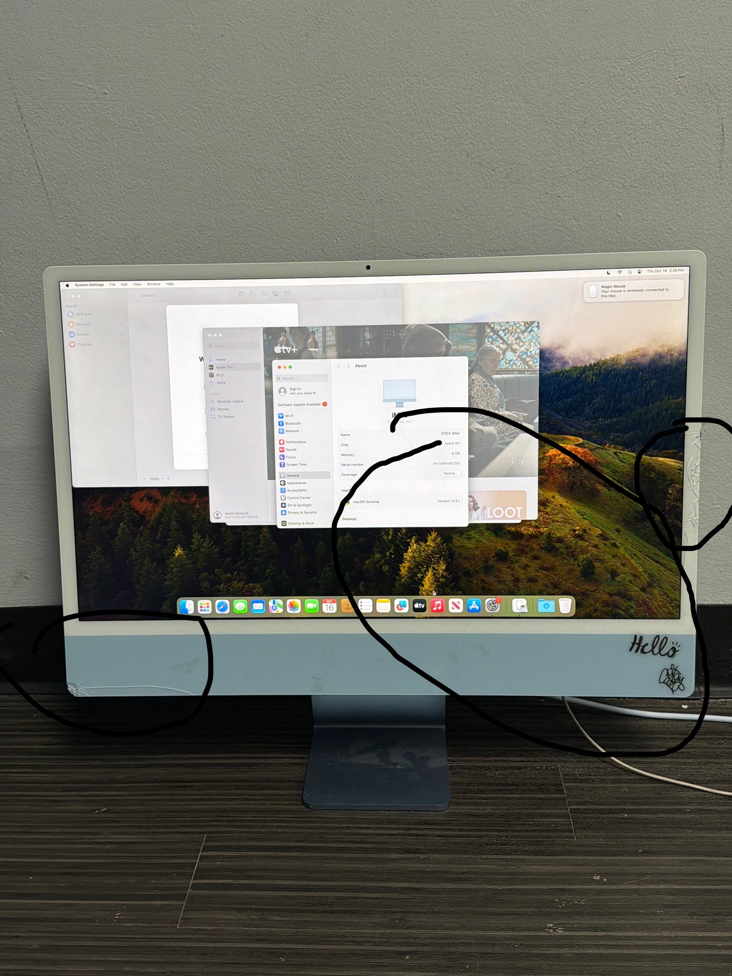 Apple iMac 24 inch M1 2021 8GB RAM 256GB SSD Blue A2439 - Cracked Glass READ!