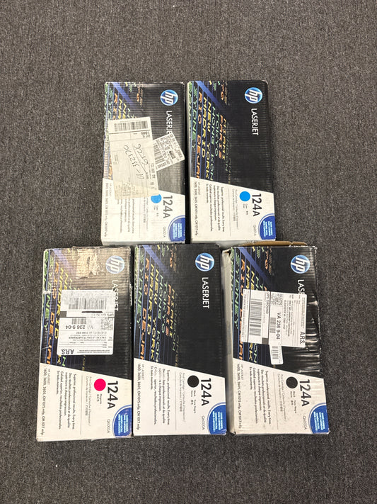 Lot of 5 New HP 124A LaserJet Toner Cartridge 2 Blue, 2 Black and 1 Pink