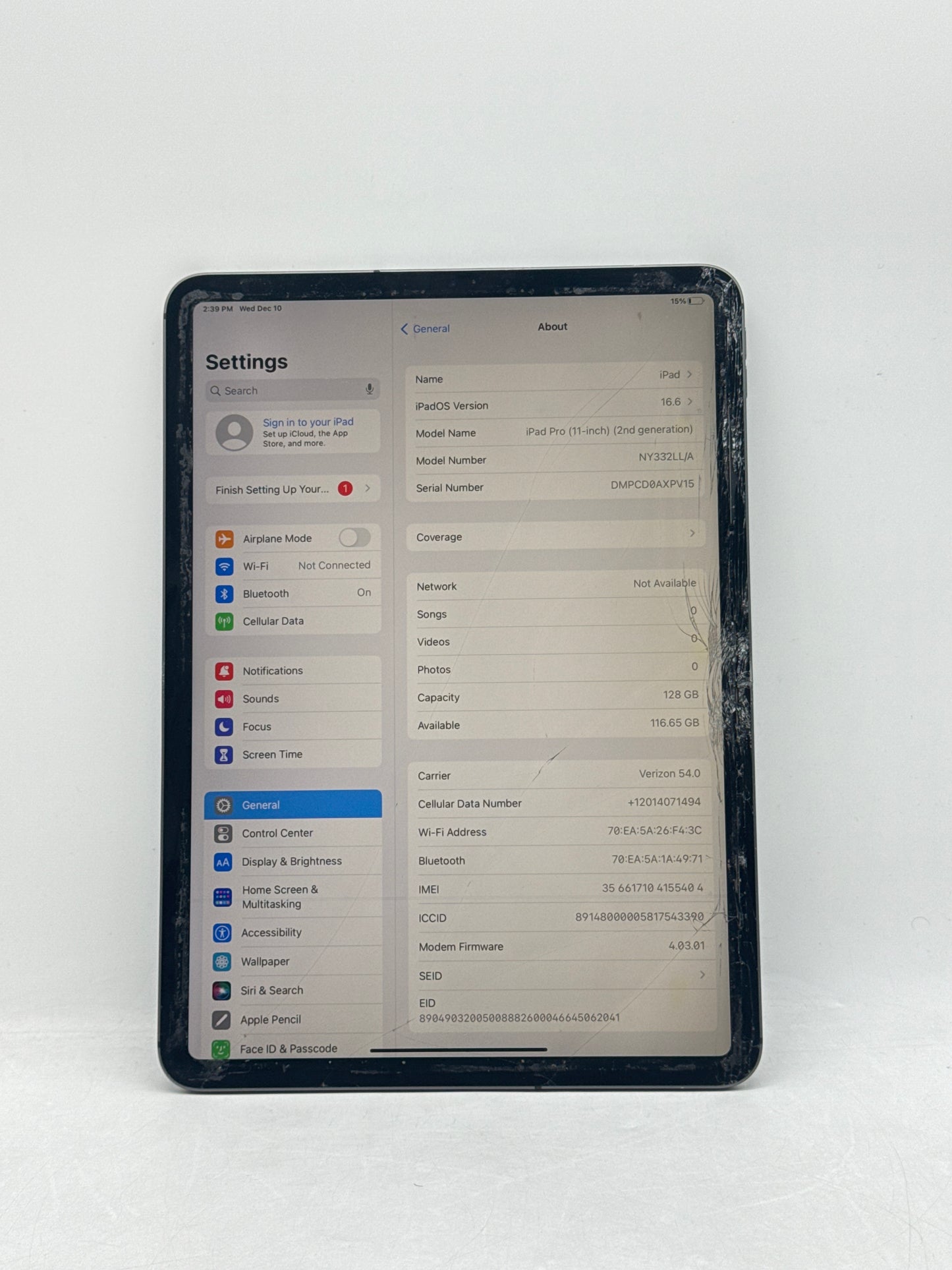 Unlocked Apple iPad Pro 2nd Gen 11.0" A2068 128GB Cellular - Broken Front Read!