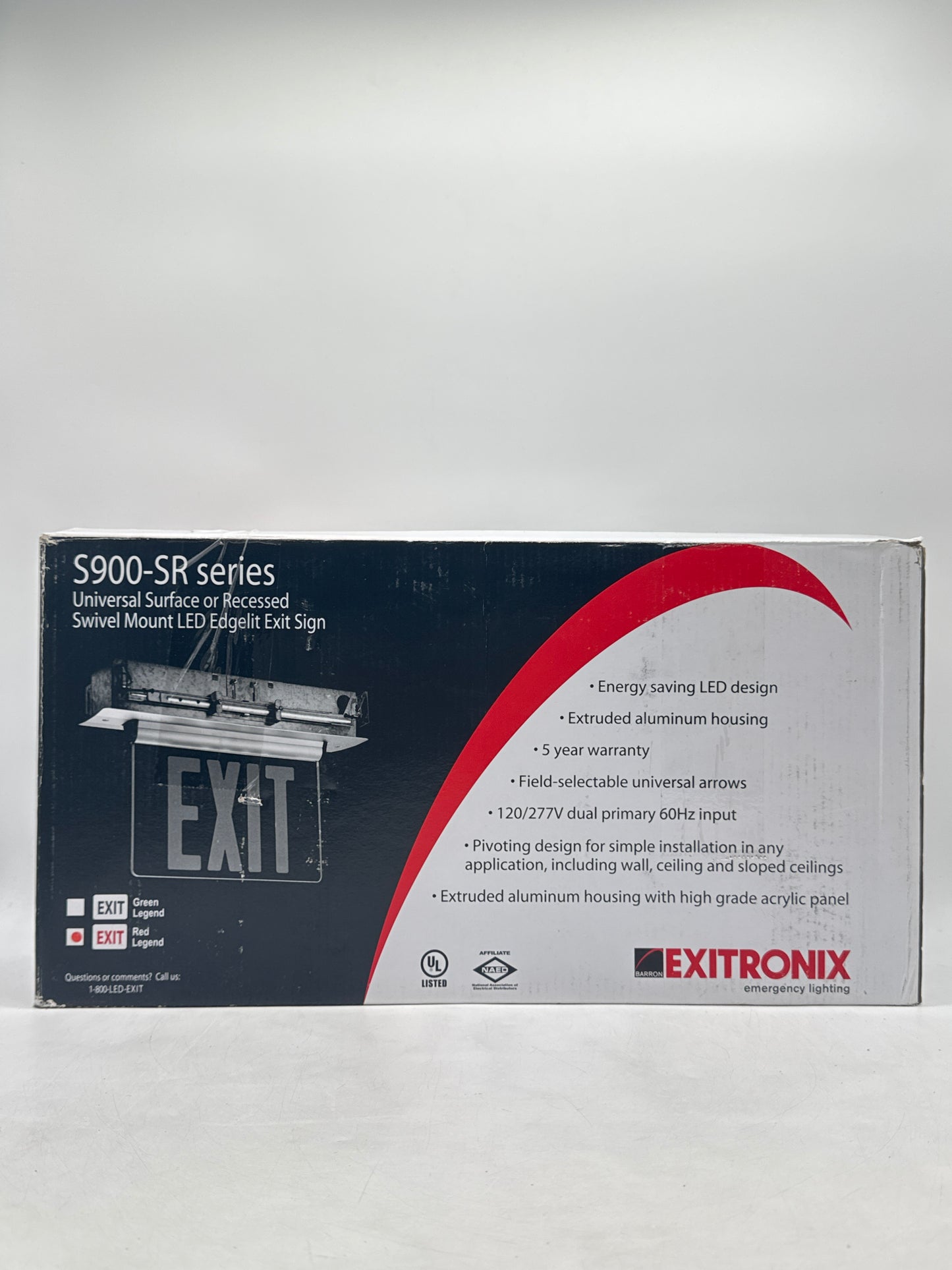 New Exitronix S902-WB-SR-RC-AG LED Exit Sign Universal Edge-Lit Red Letters