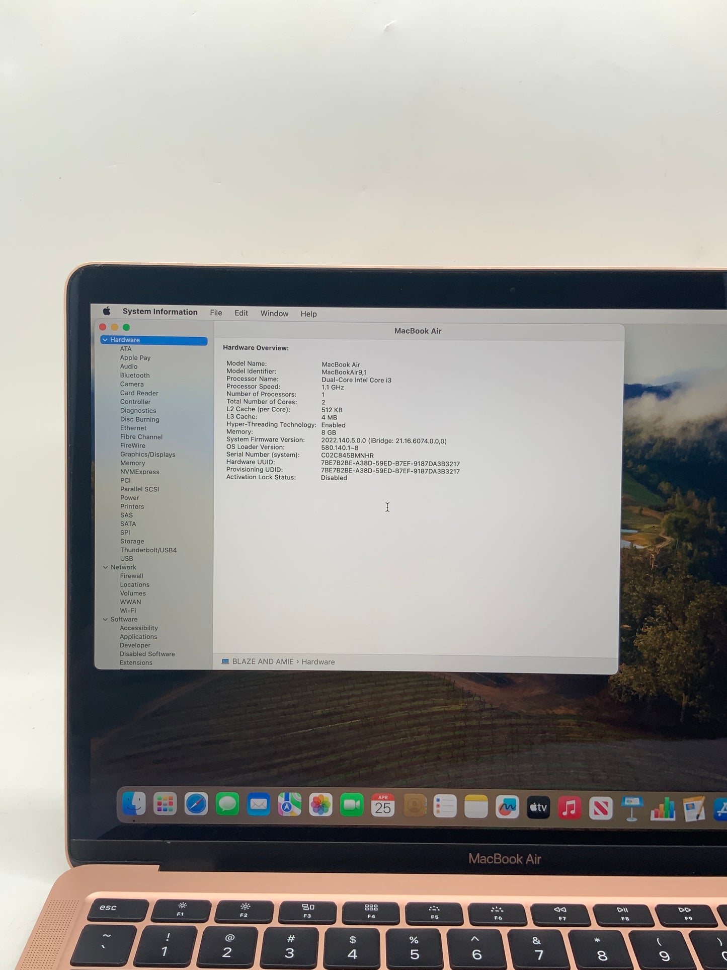 2020  Apple MacBook Air 13" Core i3 8GB RAM 256GB SSD Rose Gold A2179