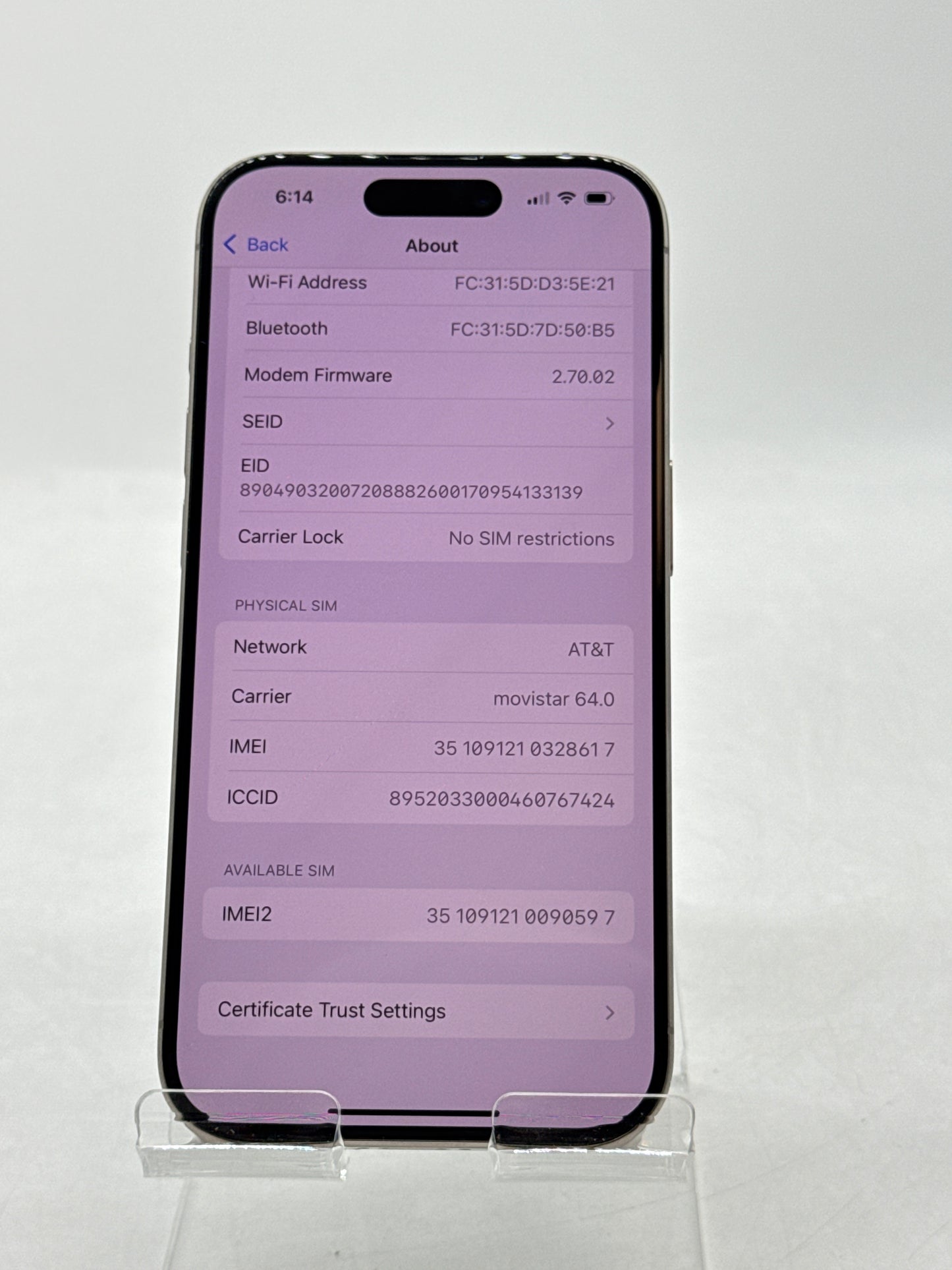 Unlocked Apple iPhone 15 Pro A3102 128GB Natural Titanium - Service Battery 78%