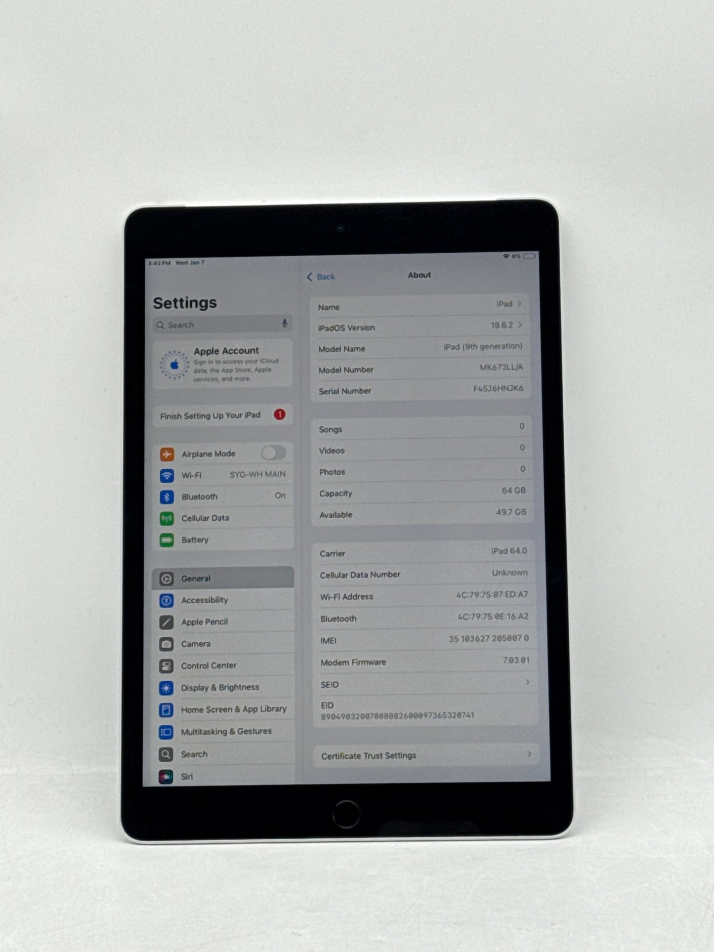 Unlocked Apple iPad 9th Gen 10.2" A2603 64GB Wi-Fi + Cellular Silver