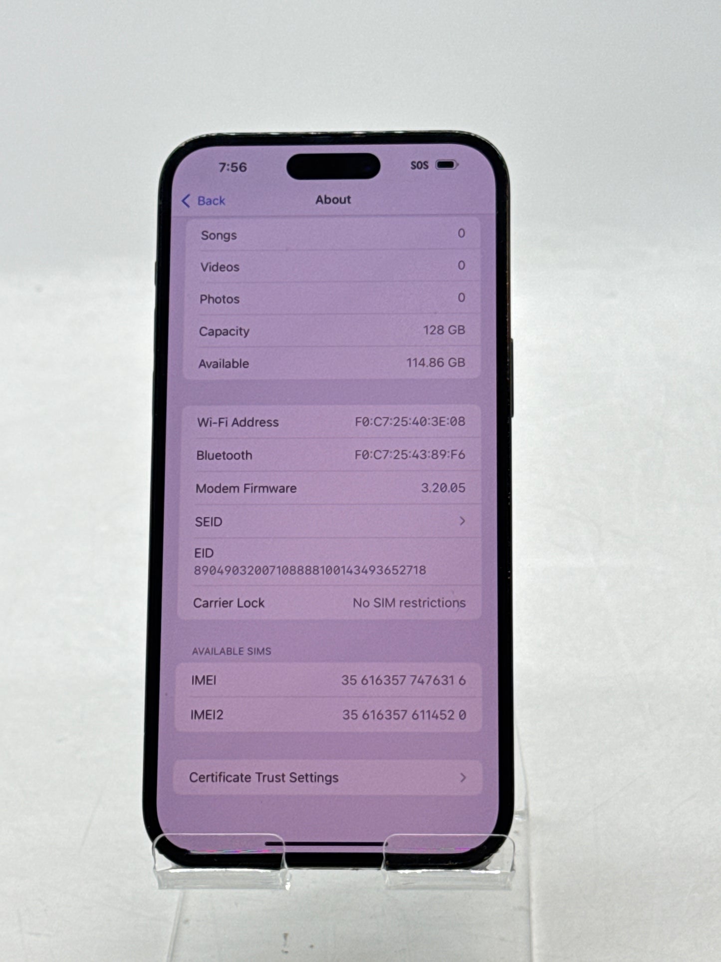 Unlocked Apple iPhone 14 Pro Max A2651 128GB Space Black - 78% Service Battery
