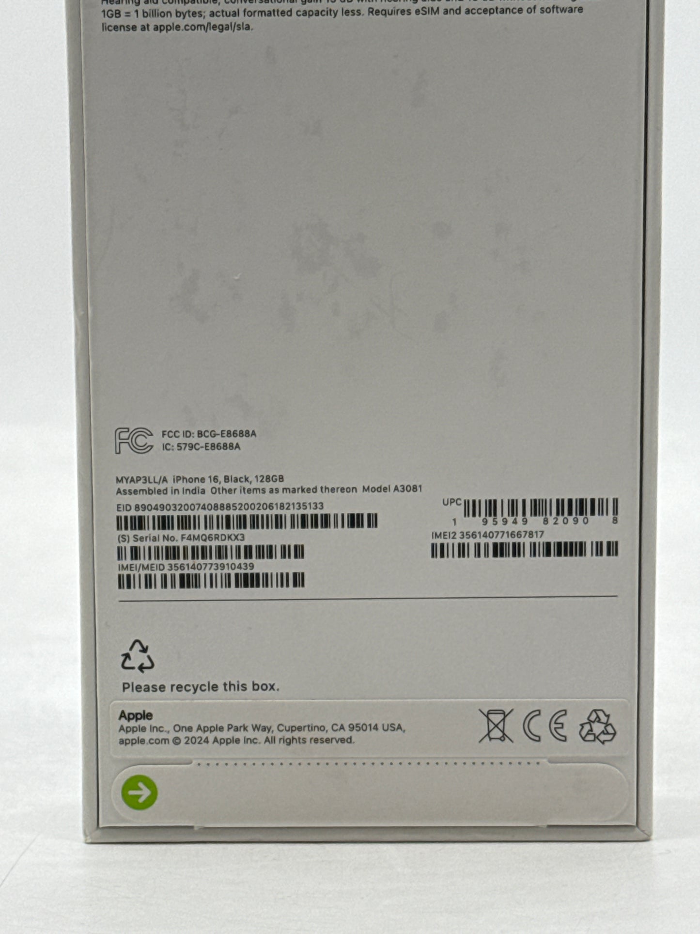 AT&T Apple iPhone 16 A3081 128GB Black - New Sealed in Box