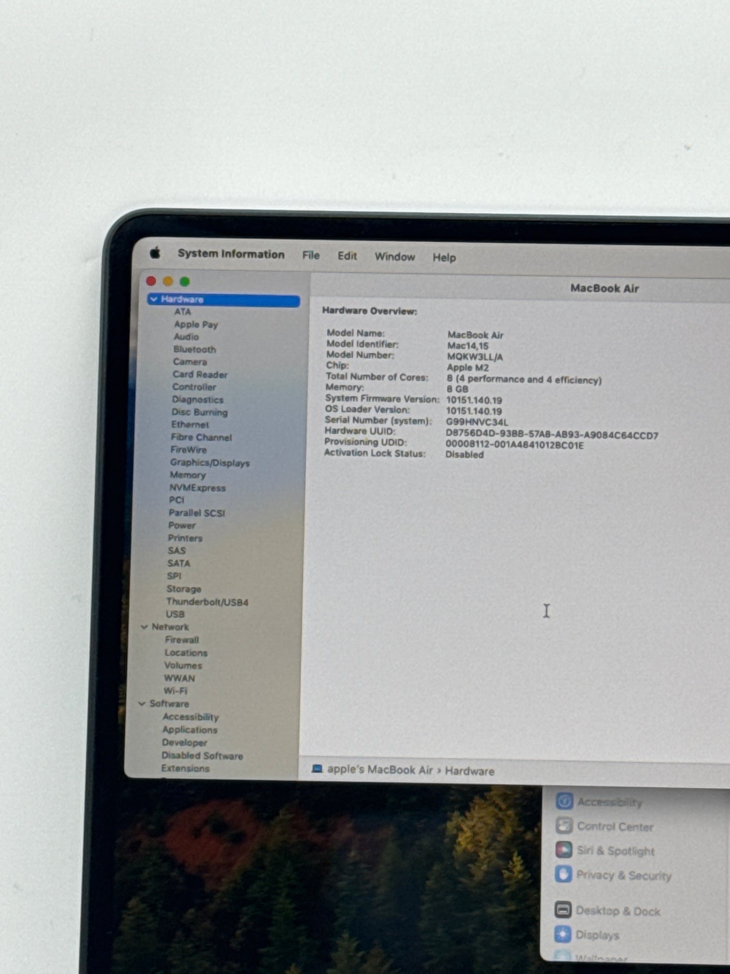 2023 Apple MacBook Air 15.3" A2941 M2 8C-CPU 10C-GPU 8GB RAM 256GB SSD 100% BH