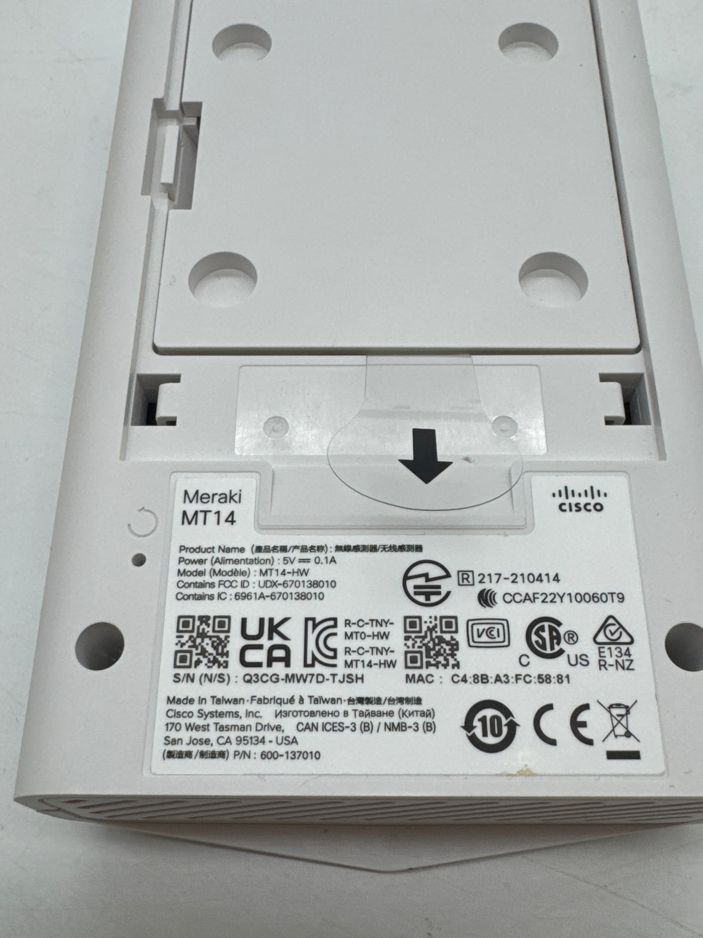 Cisco Meraki MT14 White Indoor Air Quality Sensor