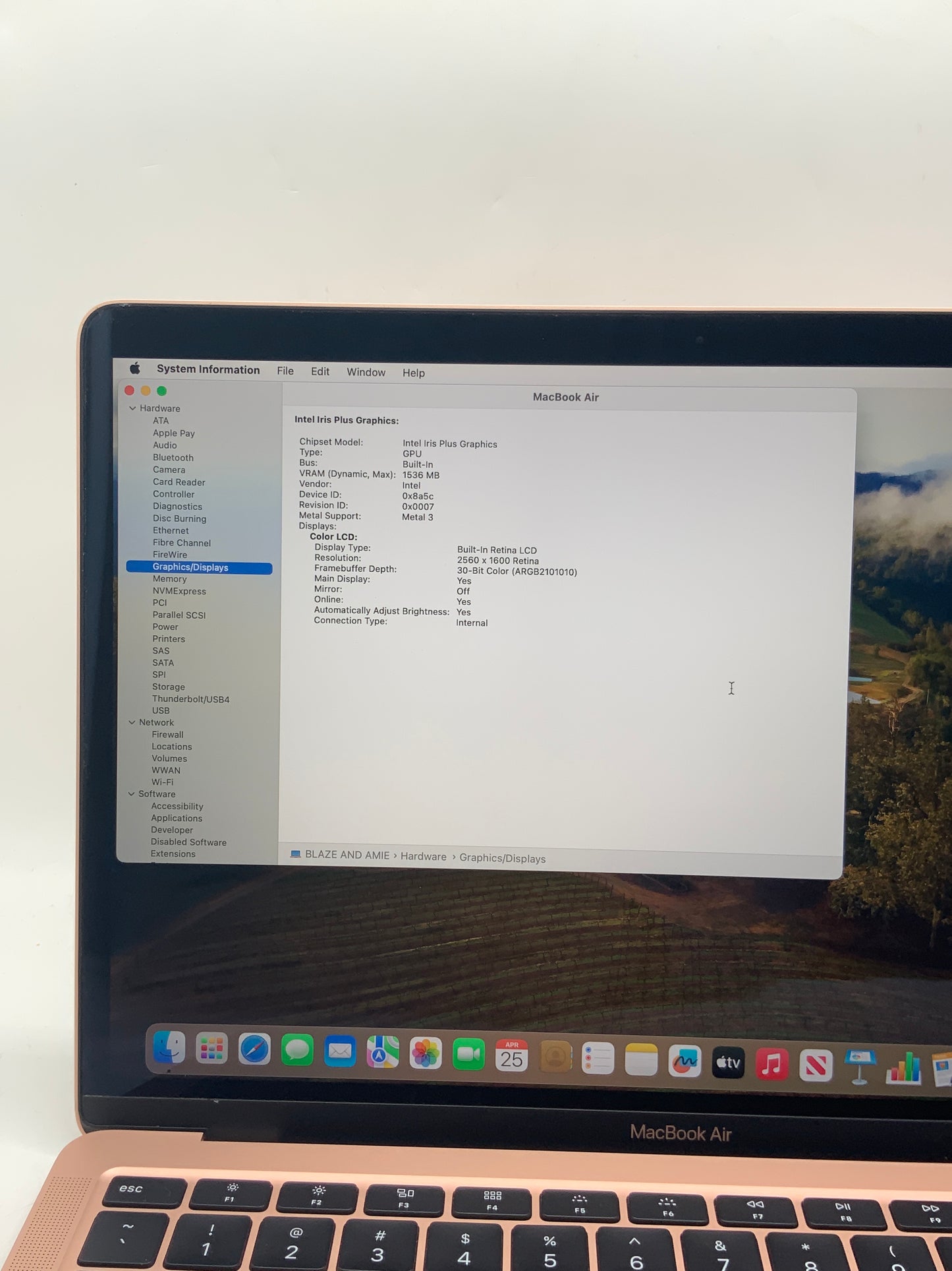 2020  Apple MacBook Air 13" Core i3 8GB RAM 256GB SSD Rose Gold A2179