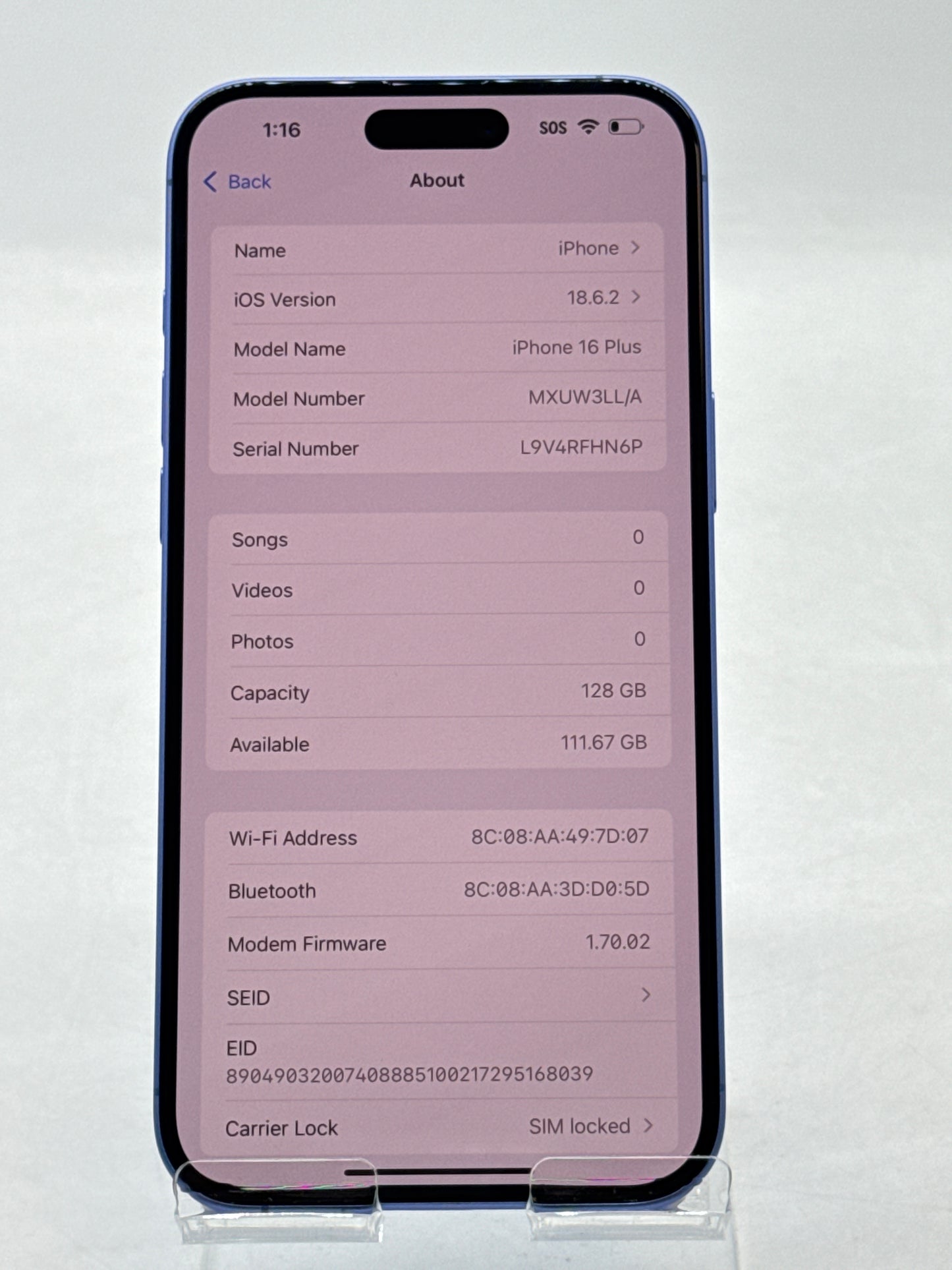 AT&T Apple iPhone 16 Plus A3082 128GB Ultramarine 100% Battery Health 13 Cycle