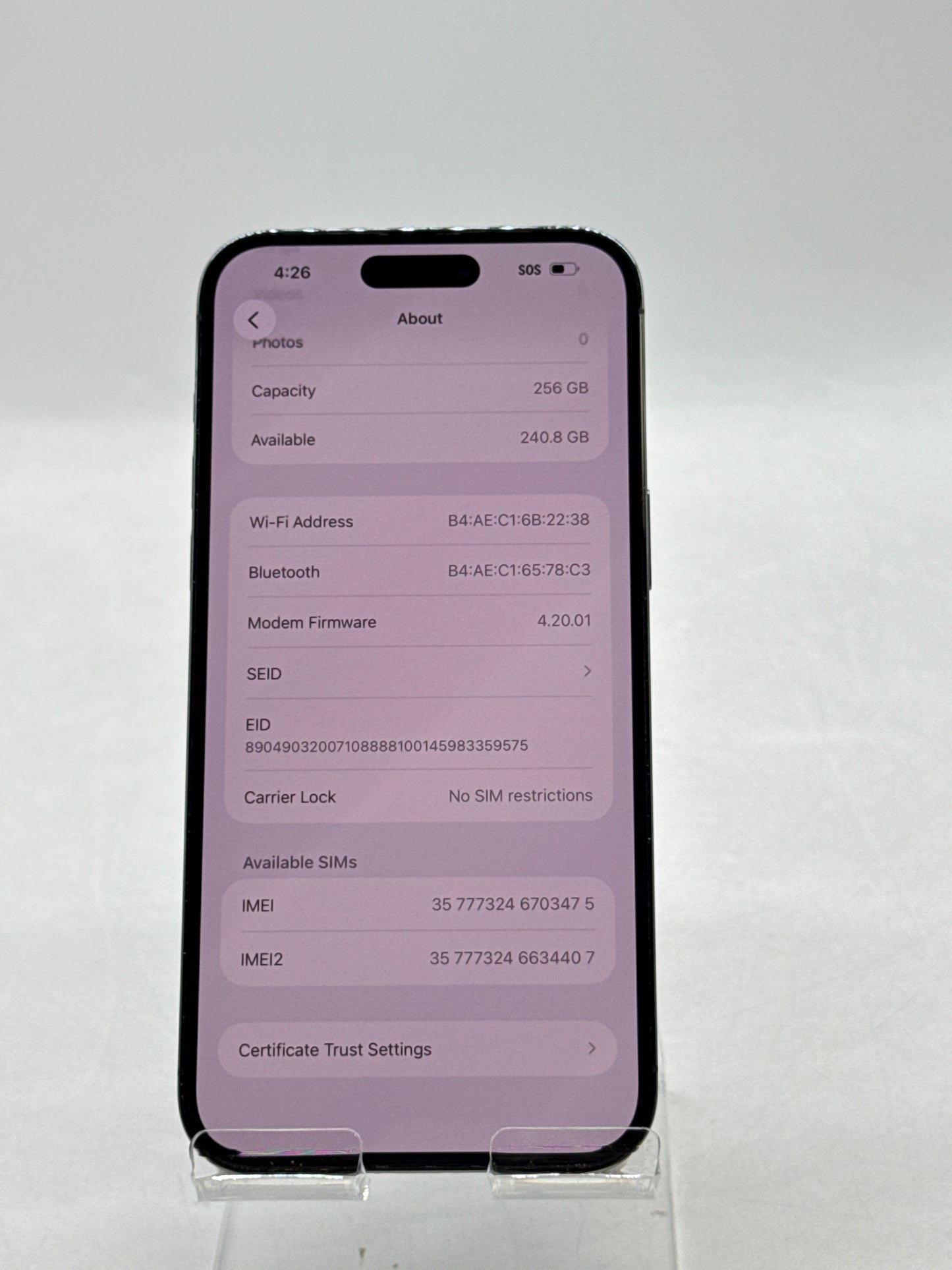 Unlocked Apple iPhone 14 Pro Max A2651 256GB Deep Purple 82% Battery Health Read!