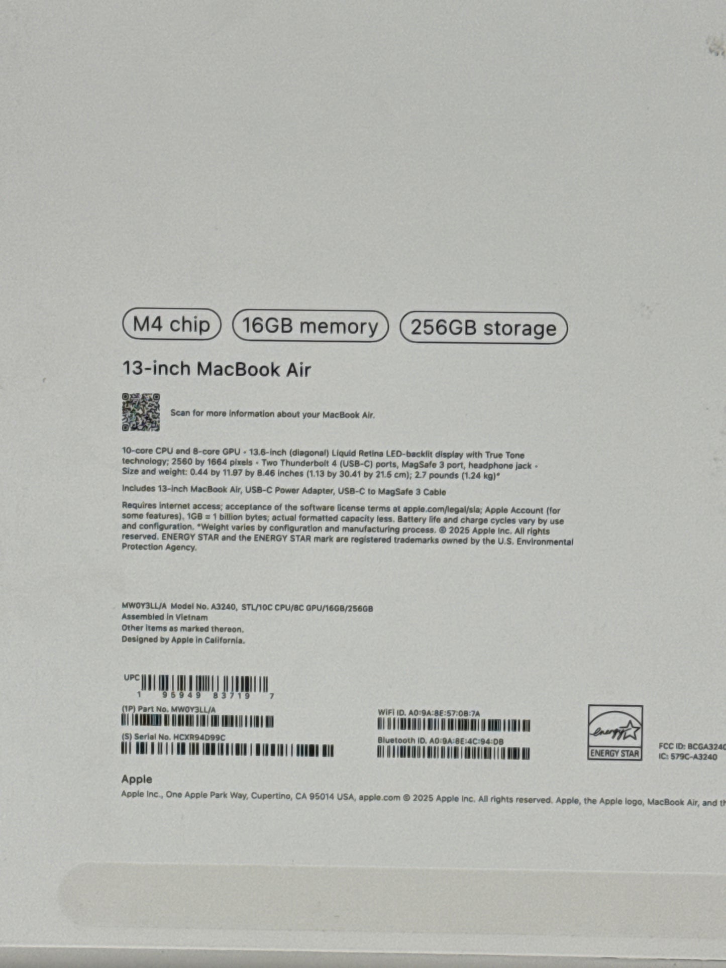 2025 Apple MacBook Air 13.6" A3240 M4 10C-CPU 8C-GPU 256GB SSD 16GB RAM Open Box