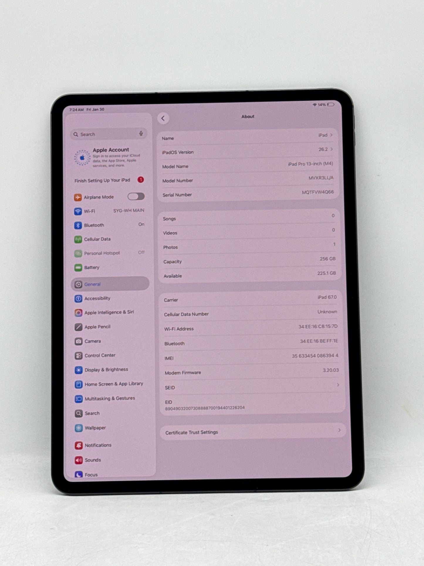 Unlocked Apple iPad Pro 7th Gen 13" A2926 M4 256GB Wi-Fi + 5G Space Black