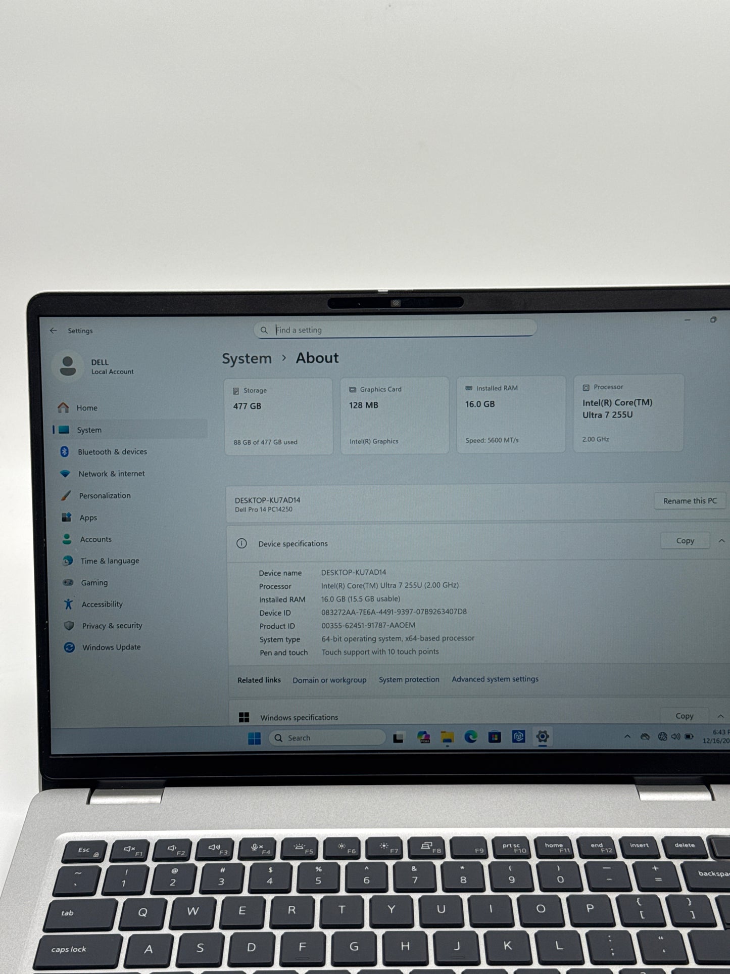 Dell Pro 14 PC14250 14-inch Ultra 7 16GB RAM 512GB Silver Laptop - Used