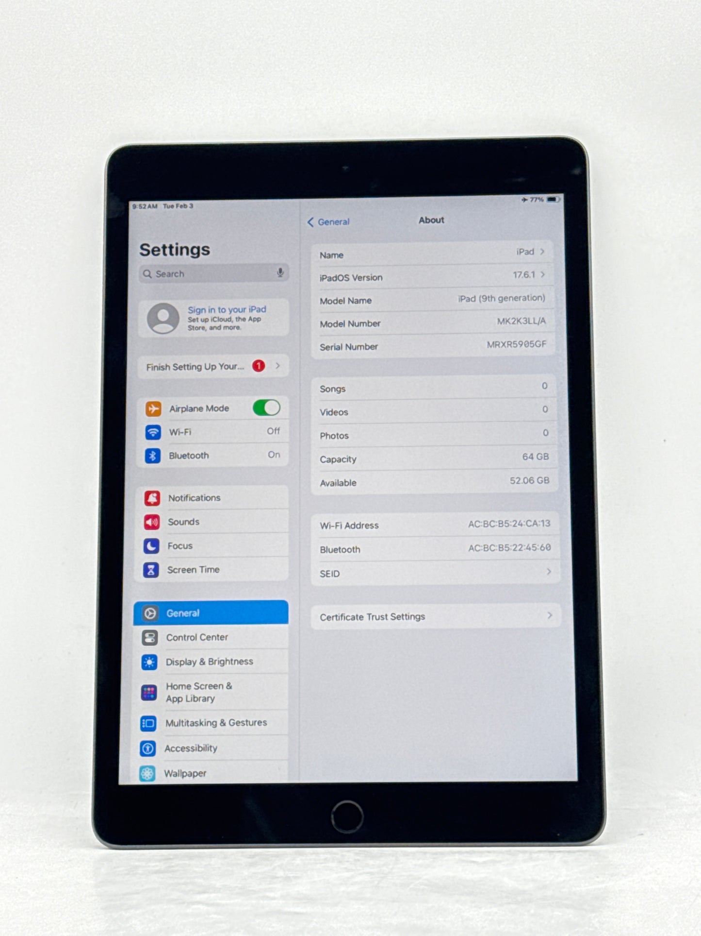 Apple iPad 9th Gen 10.2" A2602 64GB Wi-Fi Only Space Gray