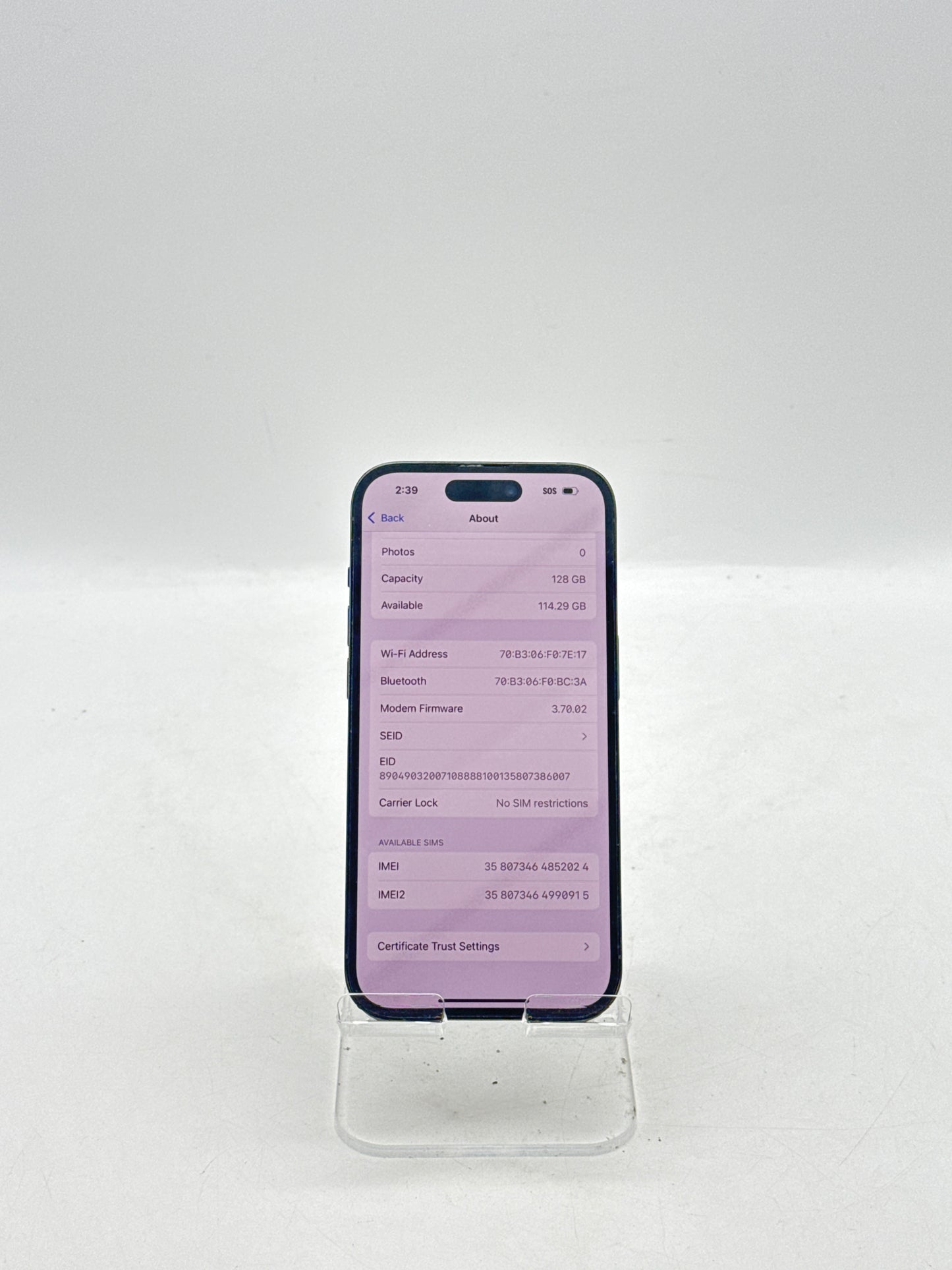 Unlocked Apple iPhone 14 Pro A2650 128GB Space Black 84% Battery Health