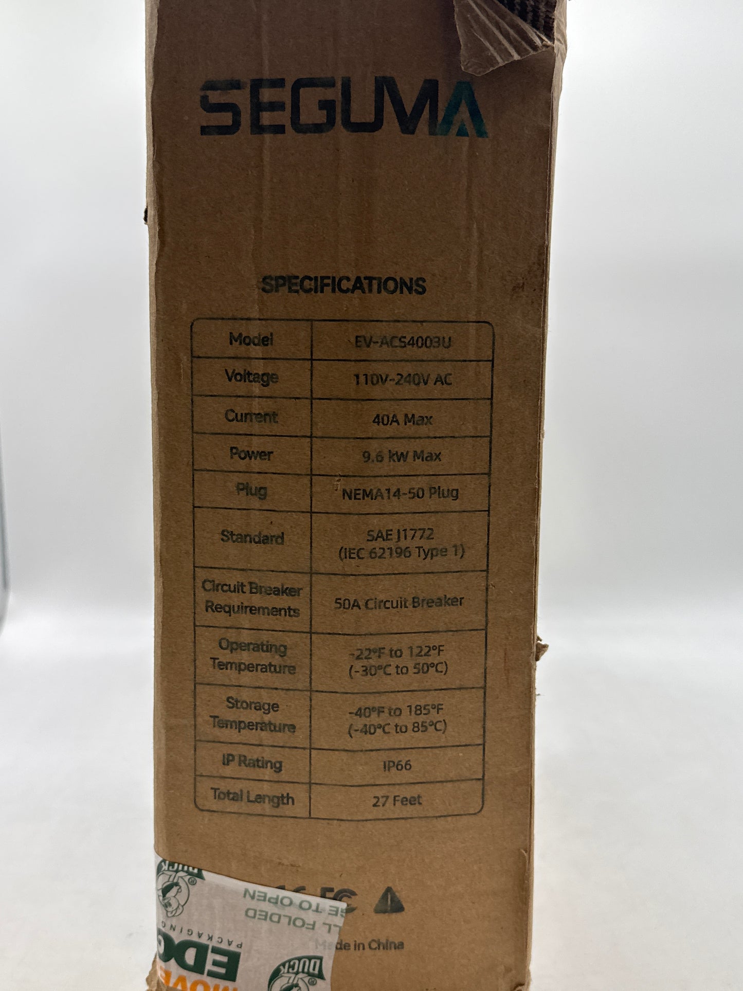 SEGUMA EV-ACS4003U Level 2 EV Charger 40Amp for J1772 BEVs/PHEVs 240V 9.6kW