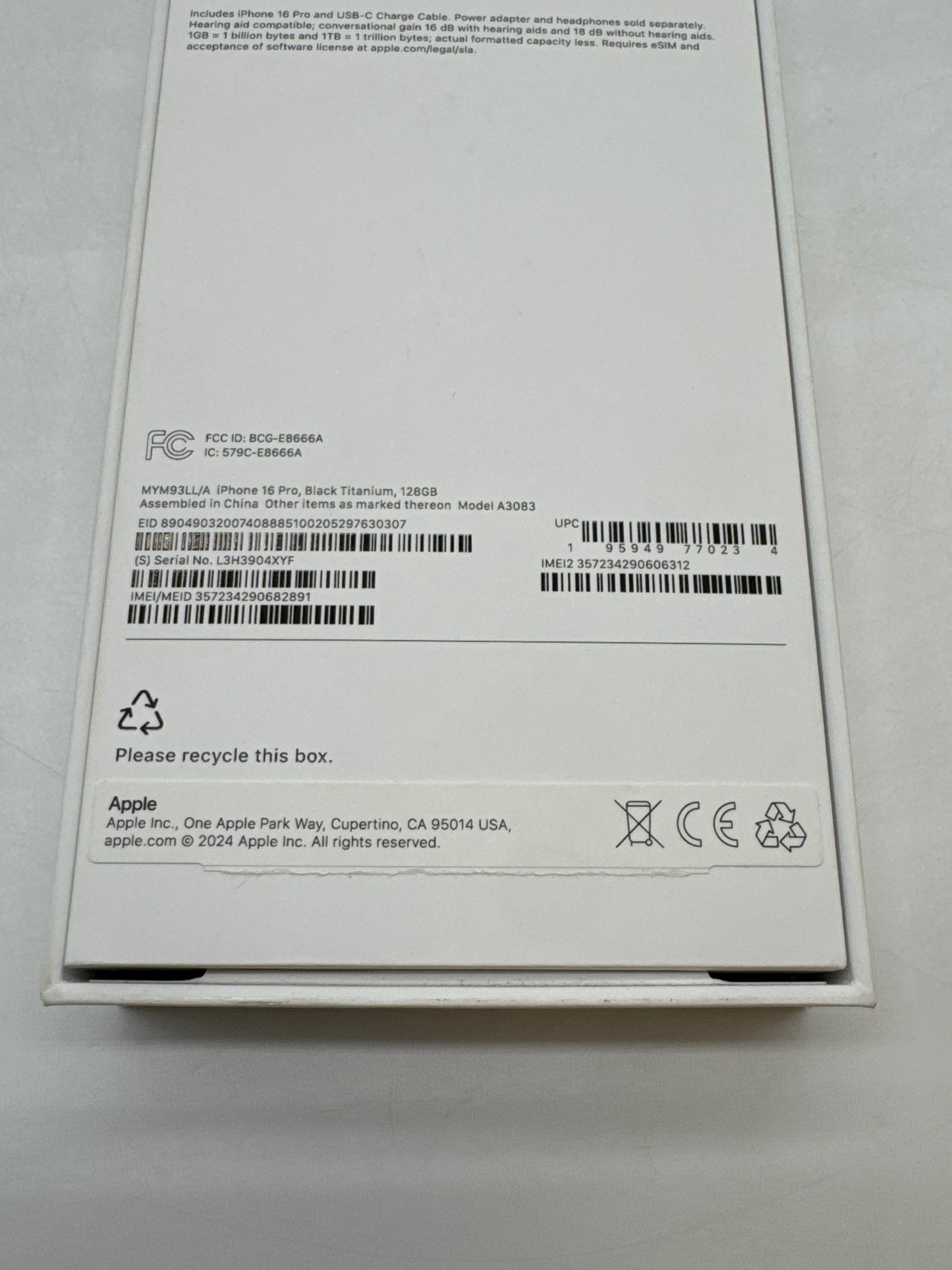 Unlocked Apple iPhone 16 Pro A3083 128GB Black Titanium 98% Battery Health